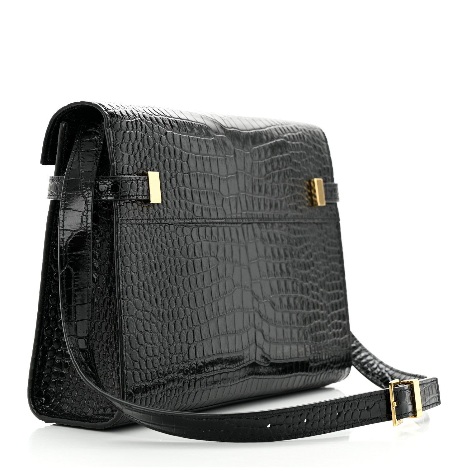 Saint Laurent Shiny Calfskin Crocodile Embossed Manhattan Baguette Black 3 of 12