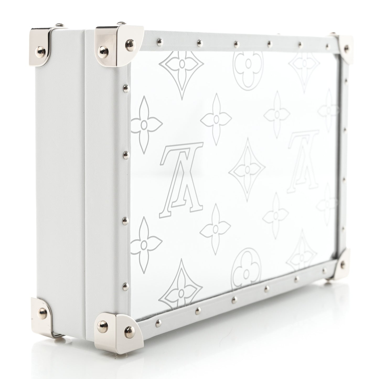 Calfskin Mirror Monogram Etched Jewelry Box Trunk White