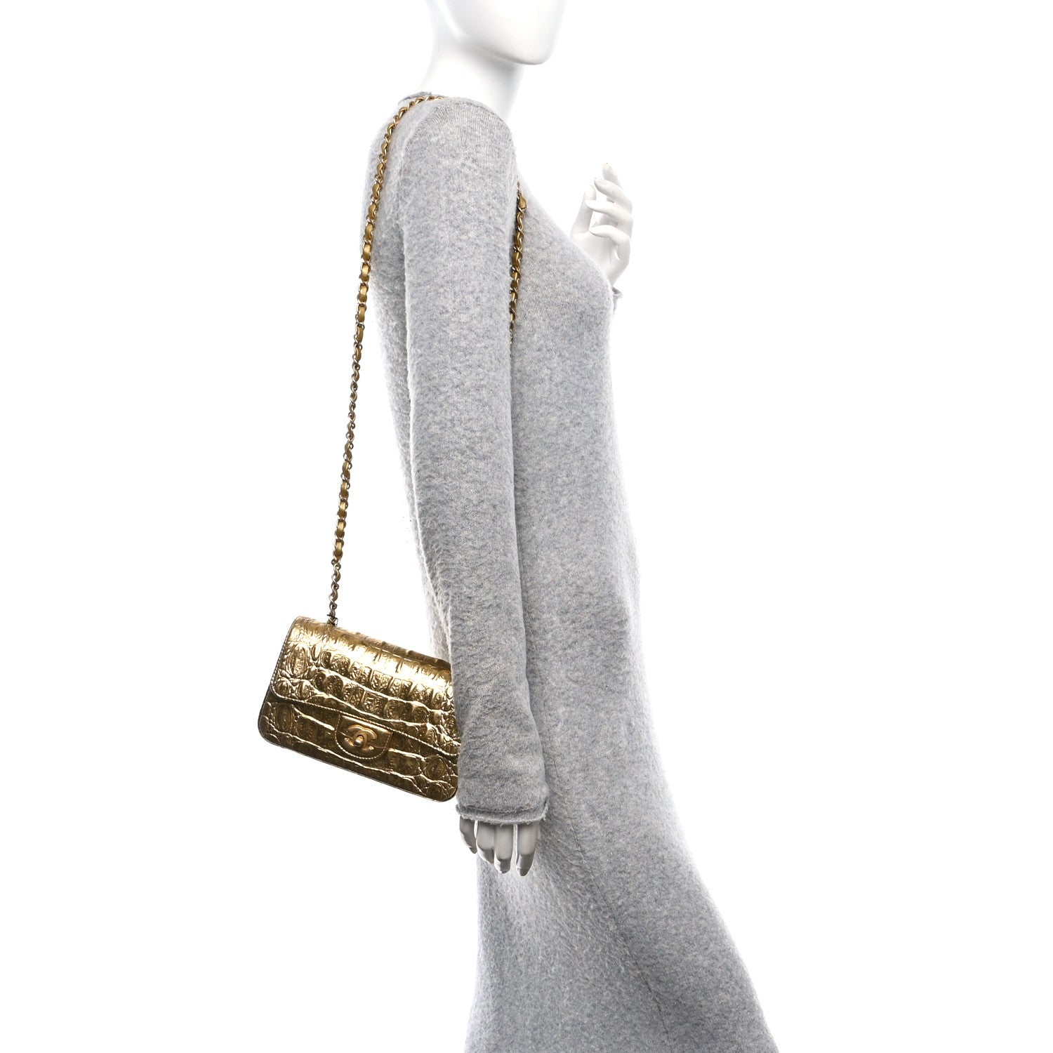 Chanel Metallic Calfskin Crocodile Embossed Cocodile Rectangular Mini Flap Gold 2 of 10