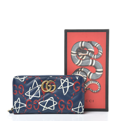 Gucci Calfskin Matelasse GucciGhost GG Marmont Zip Around Wallet Blue Agata Hibiscus Red 8 of 8