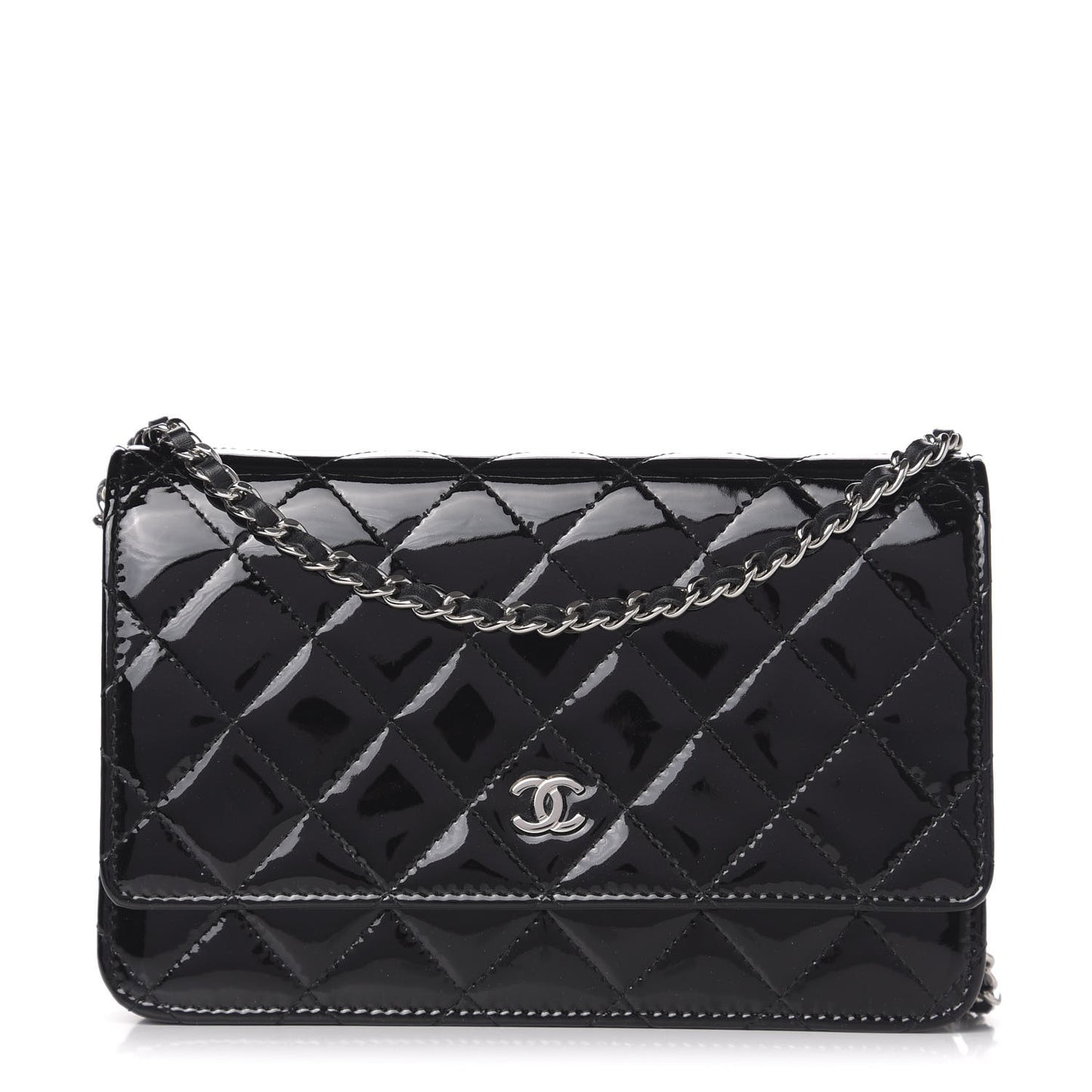 Patent Quilted Wallet On Chain WOC Black