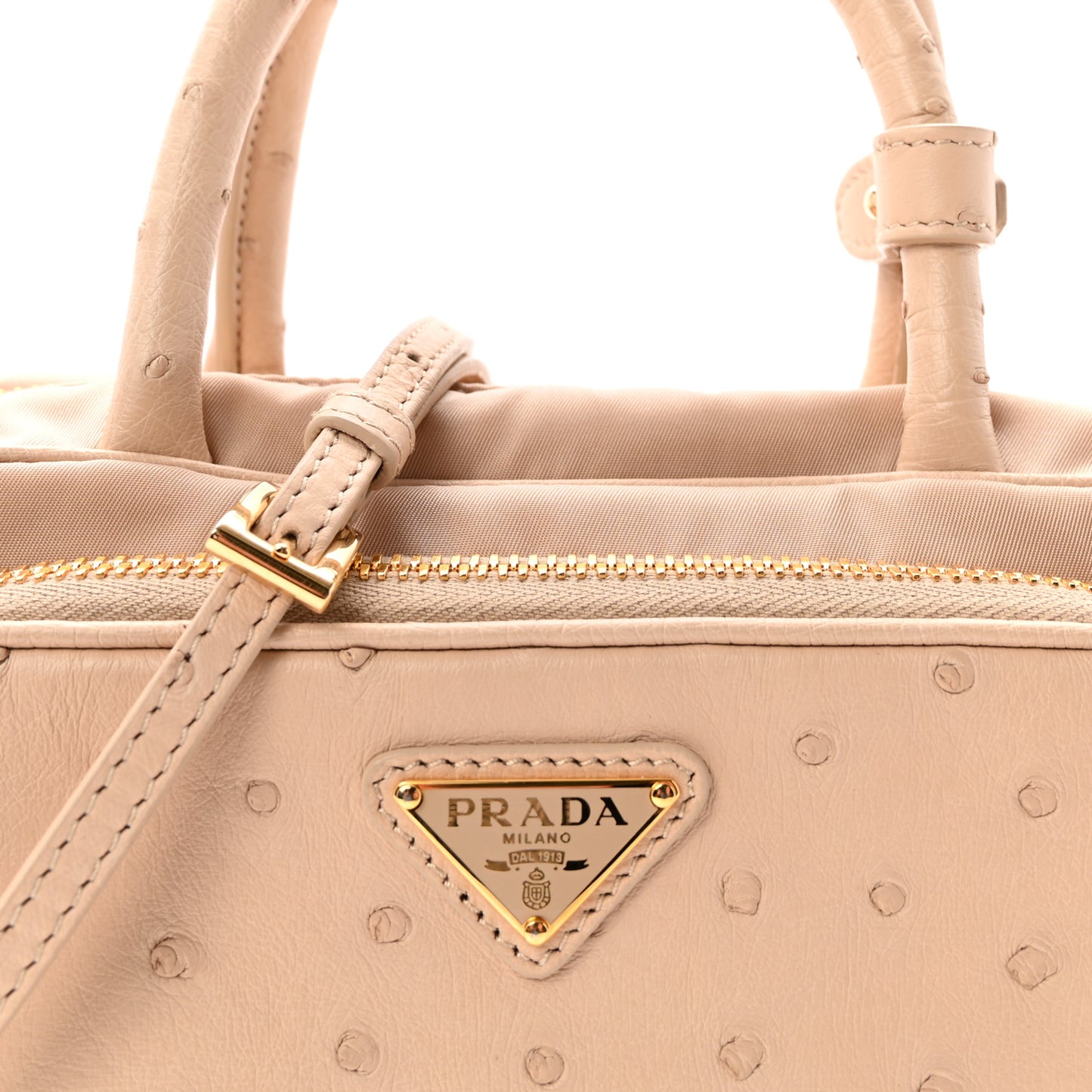 Re-Nylon Ostrich Bauletto Bag Cammeo