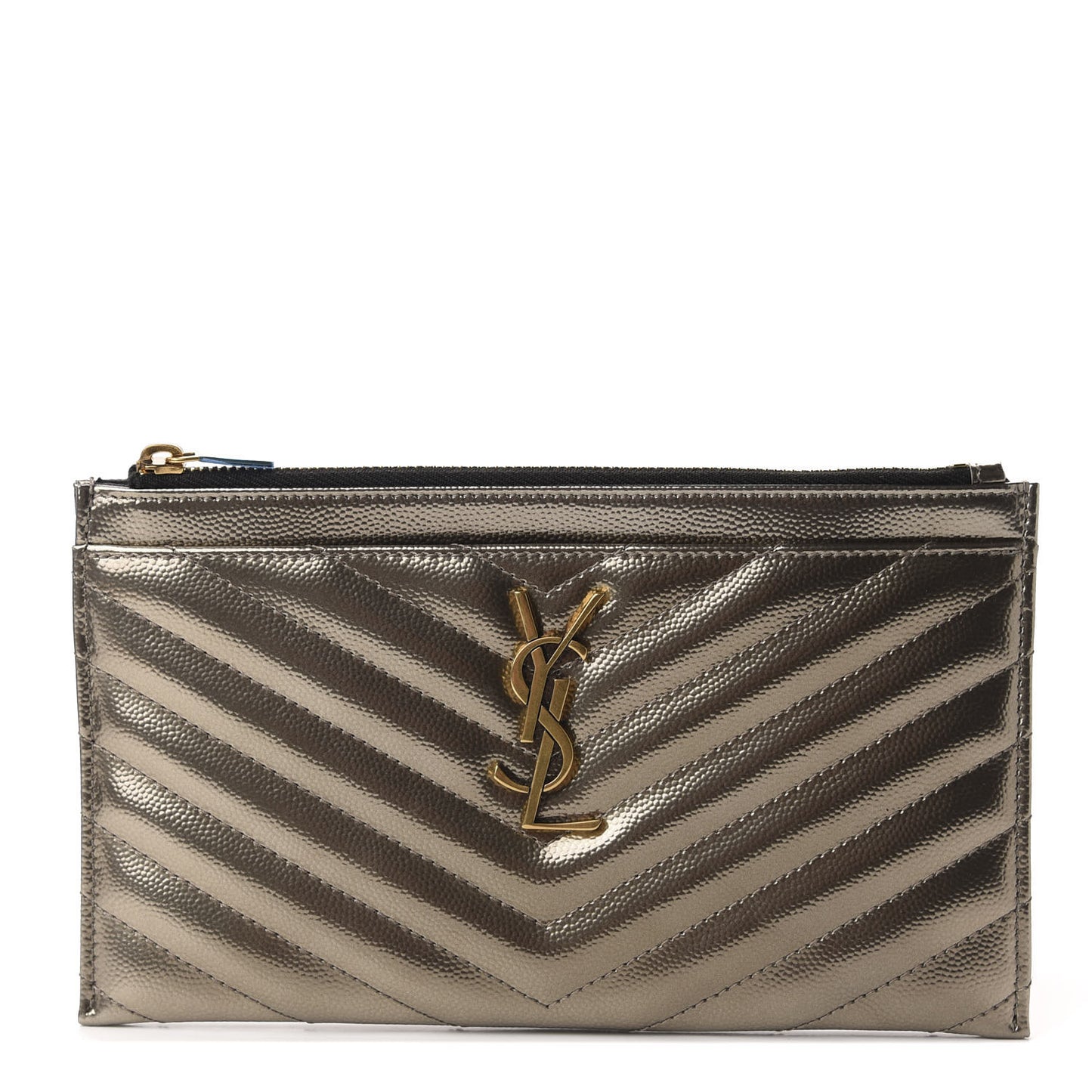 Metallic Grain De Poudre Matelasse Chevron Monogram Bill Pouch Piombo