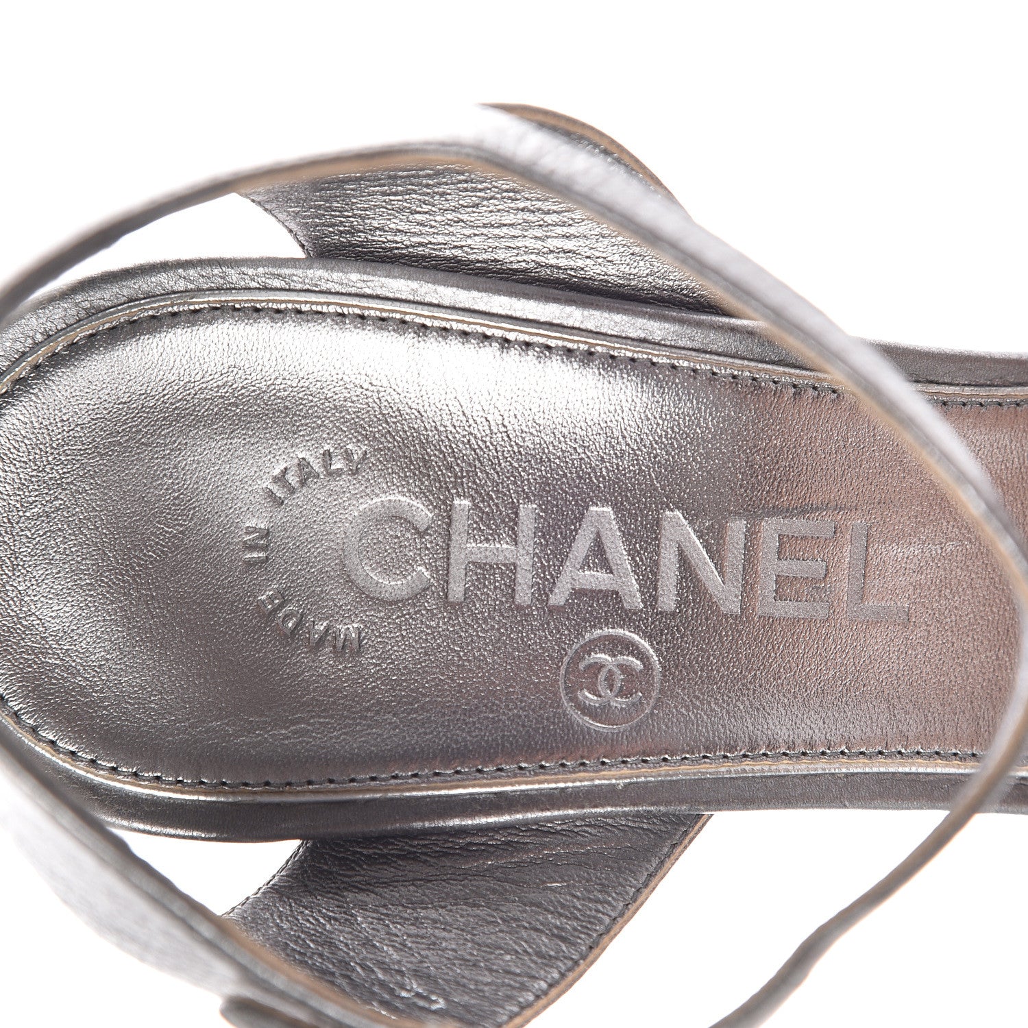 Chanel Metallic Calfskin Pearl Wedge Sandals 38 Dark Silver 5 of 10