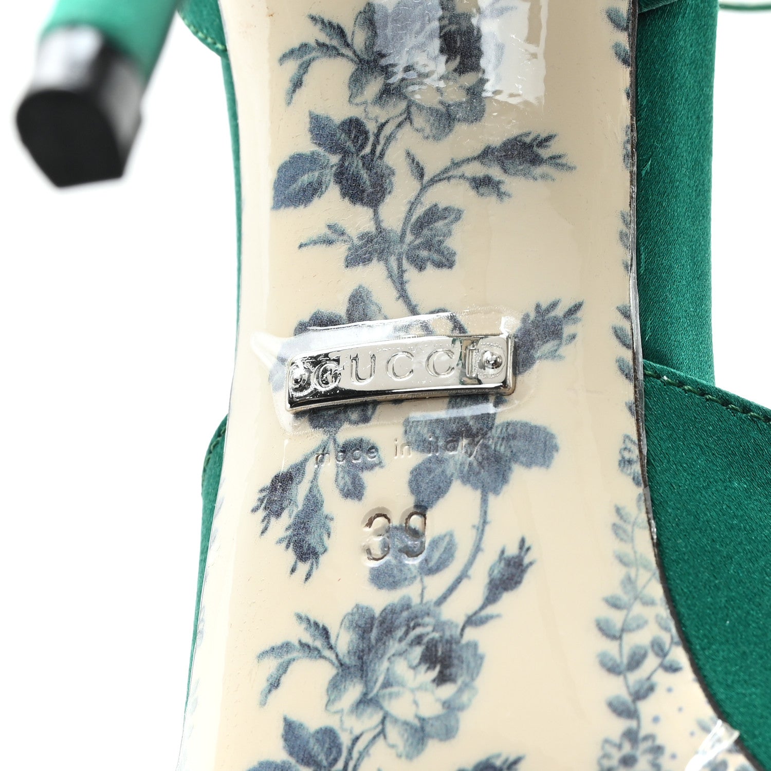 Gucci Satin Daisy Ankle Strap d'Orsay 105 Pumps 39 Emerald Green 7 of 9