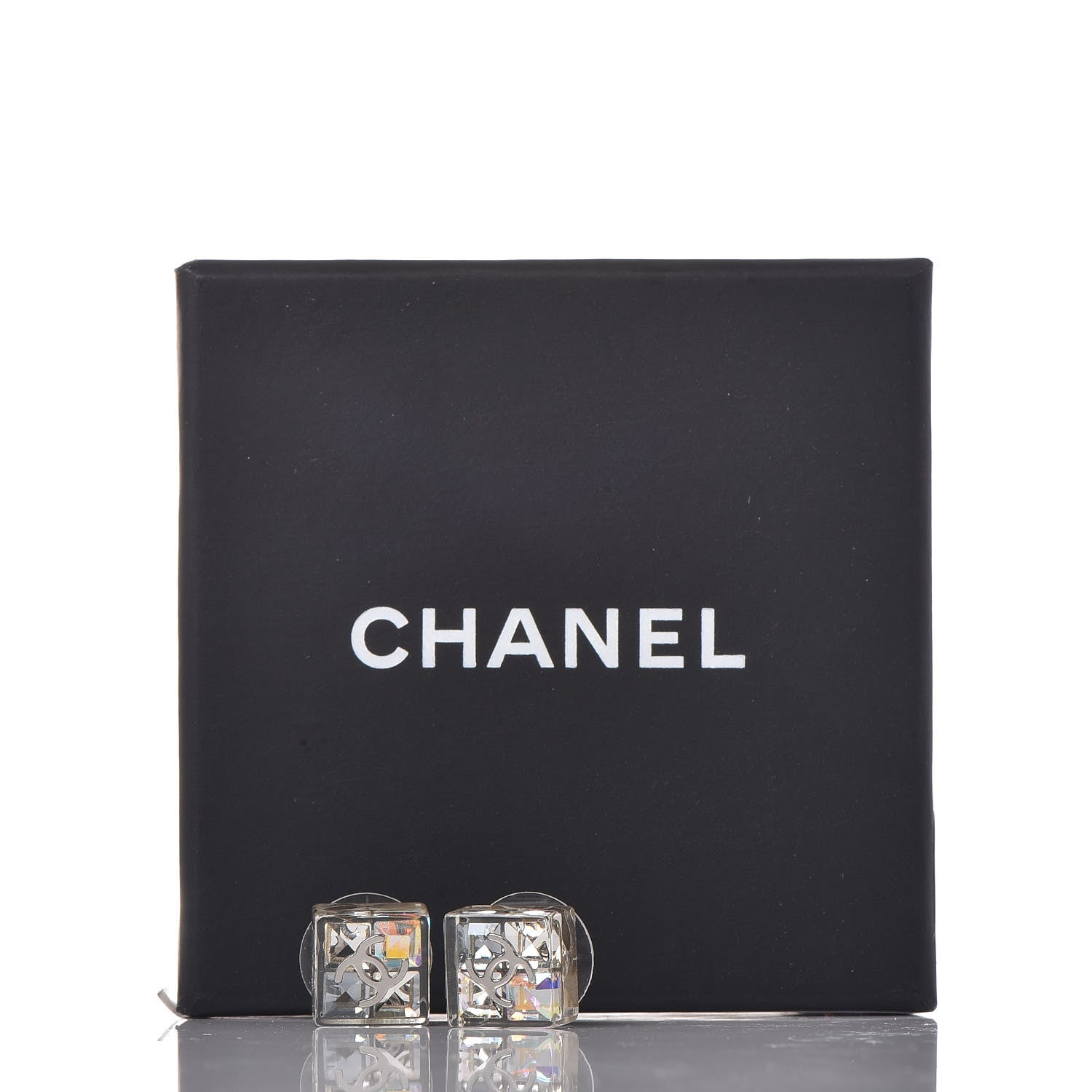 Chanel Transparent Resin Iridescent Crystal CC Cube Earrings Silver 5 of 5