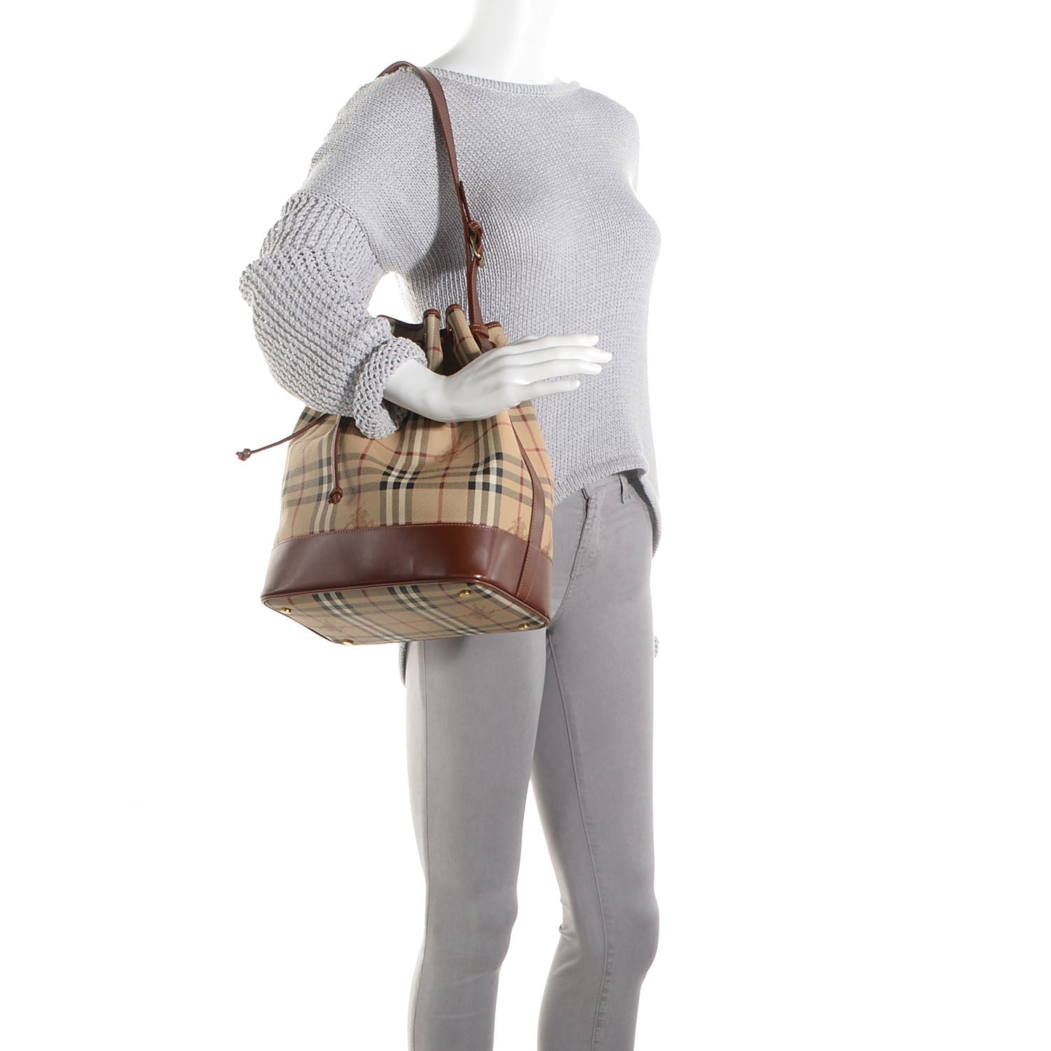 Burberry Haymarket Check Drawstring Bucket Bag Tan 2 of 10