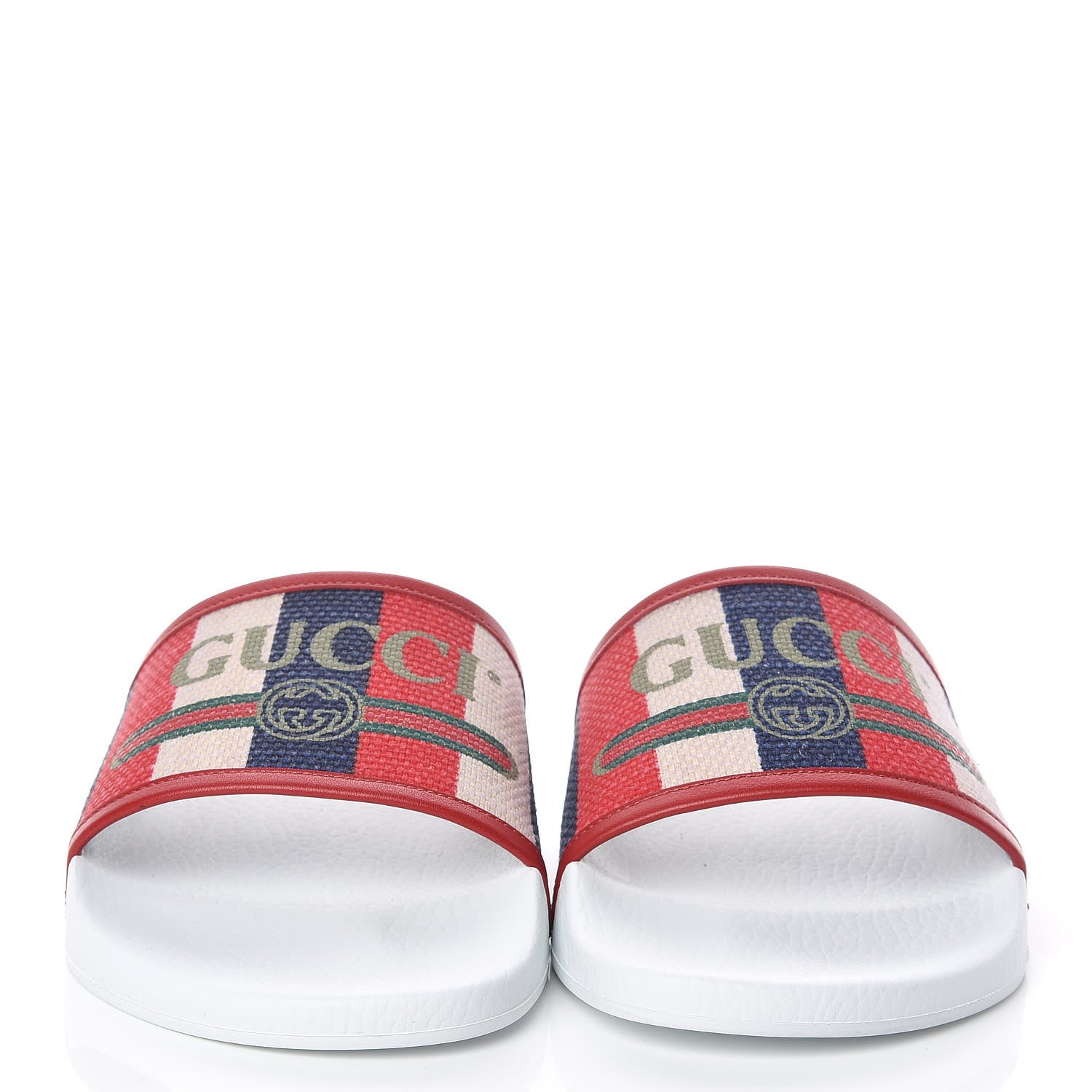 Gucci Canvas Sylvie Stripe Logo Mens Pursuit Slide Sandals 11 Mystic White Hibiscus Red Maritime 2 of 8