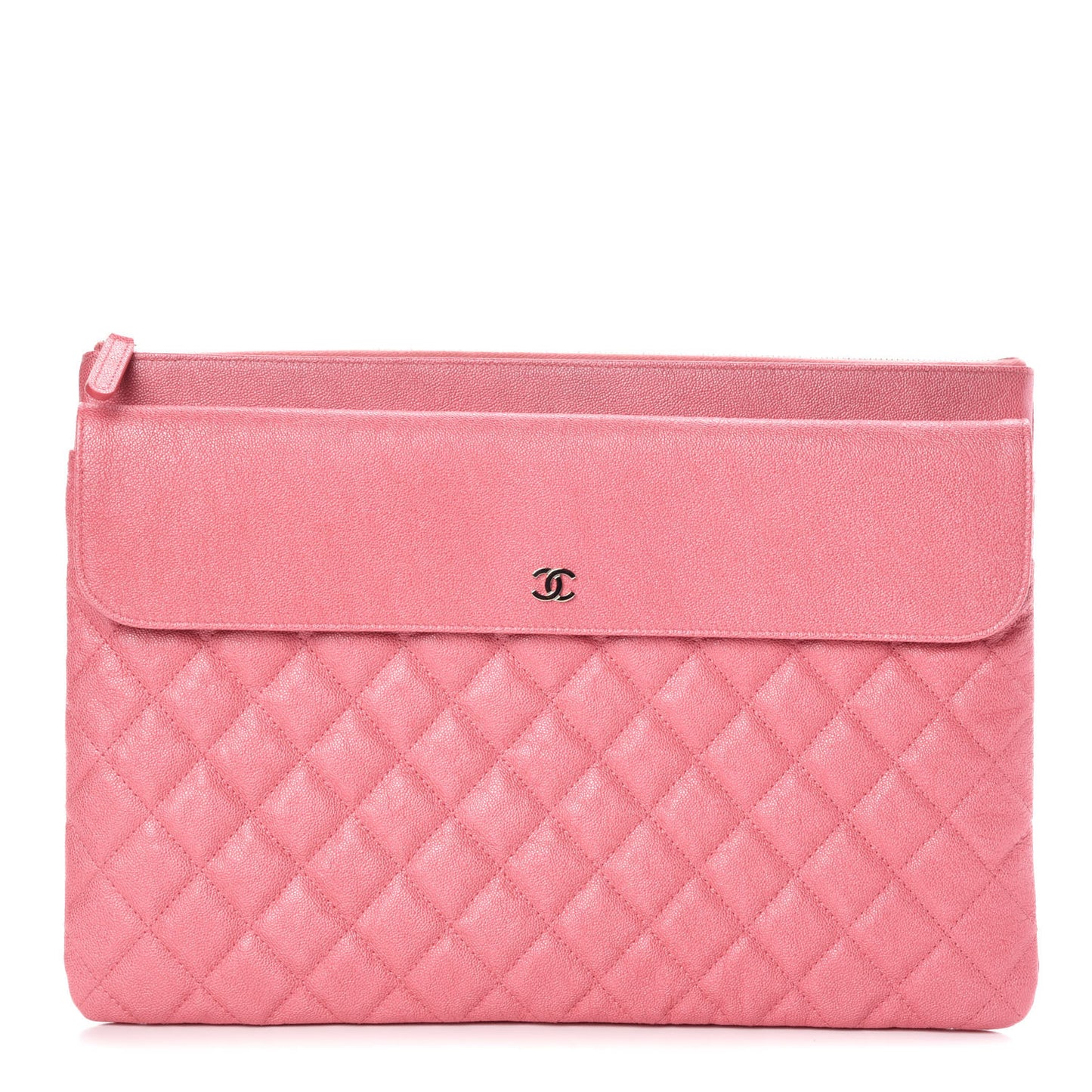 Iridescent Caviar Quilted Large Flap Cosmetic Case Pink