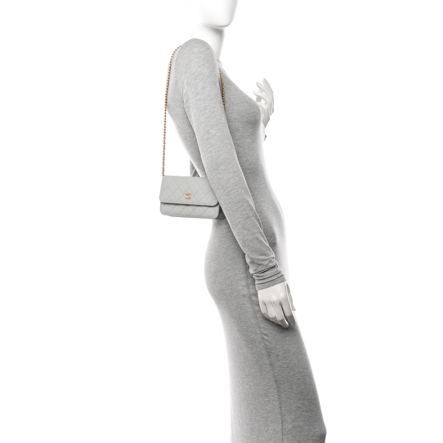 Lambskin Pearl Crush Quilted Flap Phone Holder With Chain Light Grey