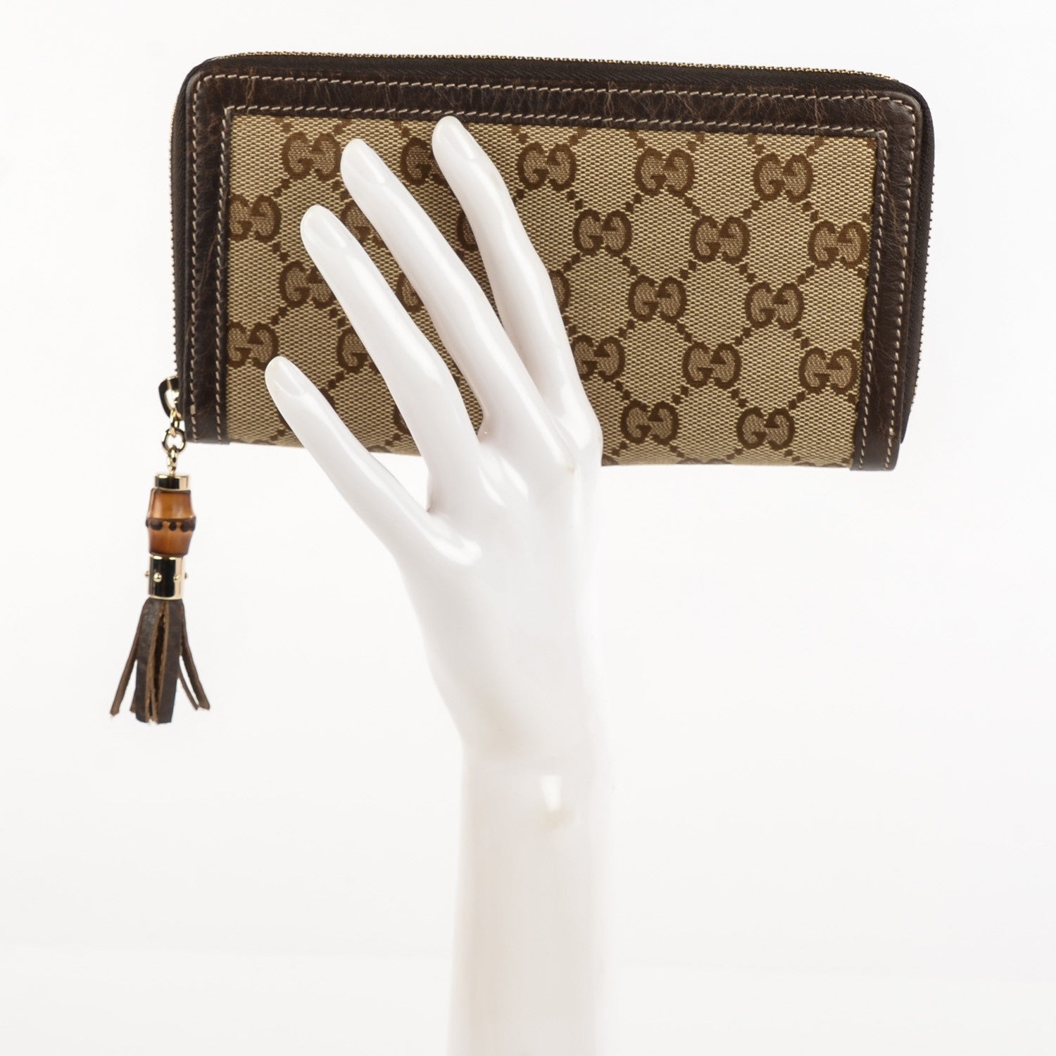 Gucci Monogram Calfskin Bamboo Tassel Zip Around Wallet Beige Ebony Chocolate 2 of 9