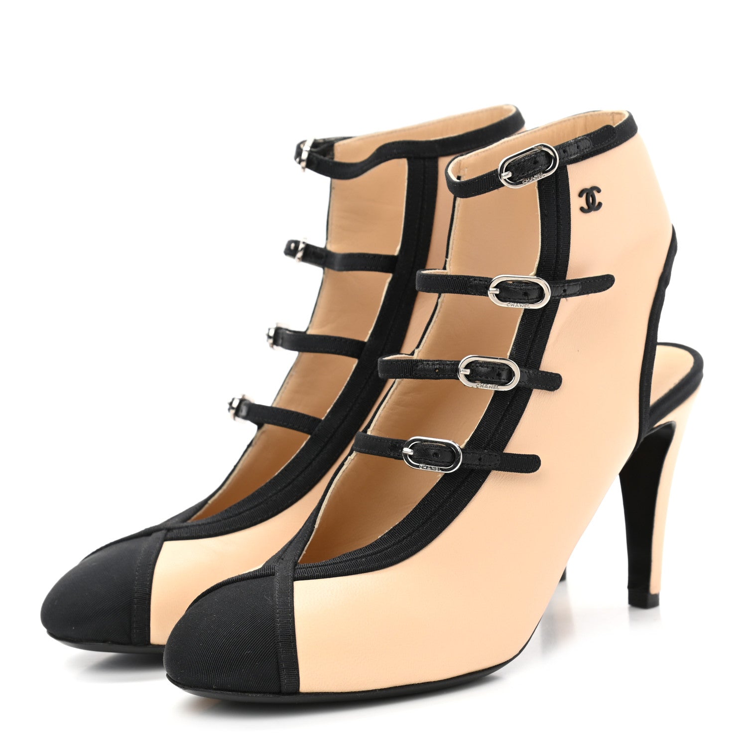 Chanel Lambskin Grosgrain Cap Toe Pumps 37 Beige Black 3 of 8