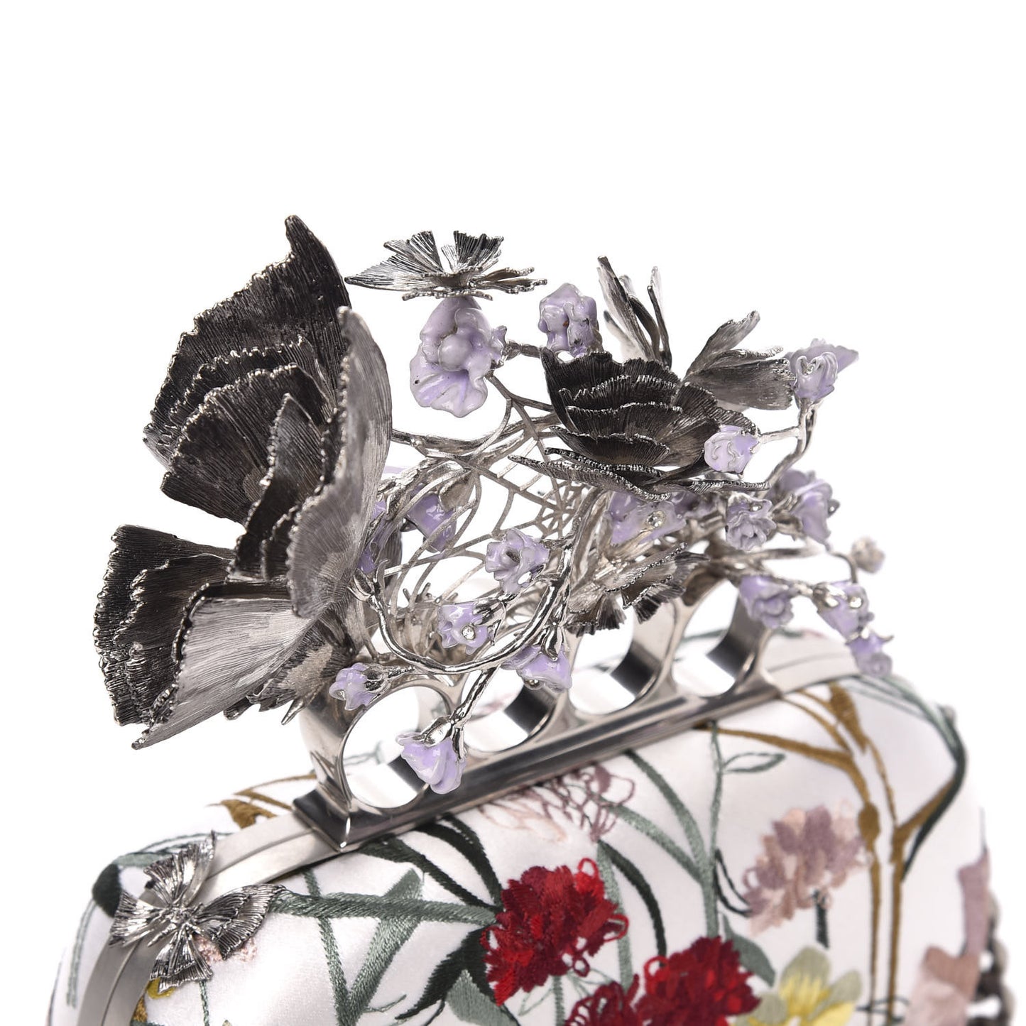 Satin Embroidered Flower Butterfly Knuckle Duster Box Clutch White Multicolor