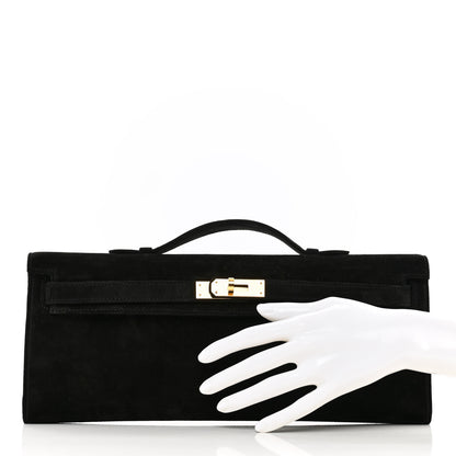 Hermes Veau Doblis Suede Kelly Cut Clutch Pochette Black 2 of 9