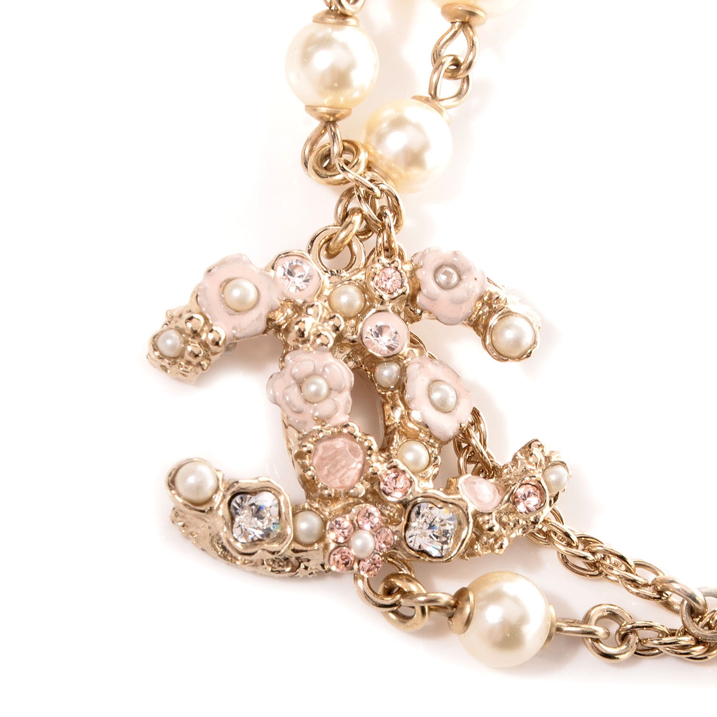Crystal Pearl Enamel Camellia CC Long Necklace Gold