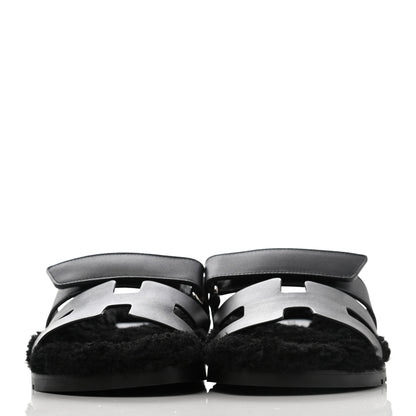 Hermes Calfskin Woolskin Womens Chypre Sandals 38.5 Black 2 of 8