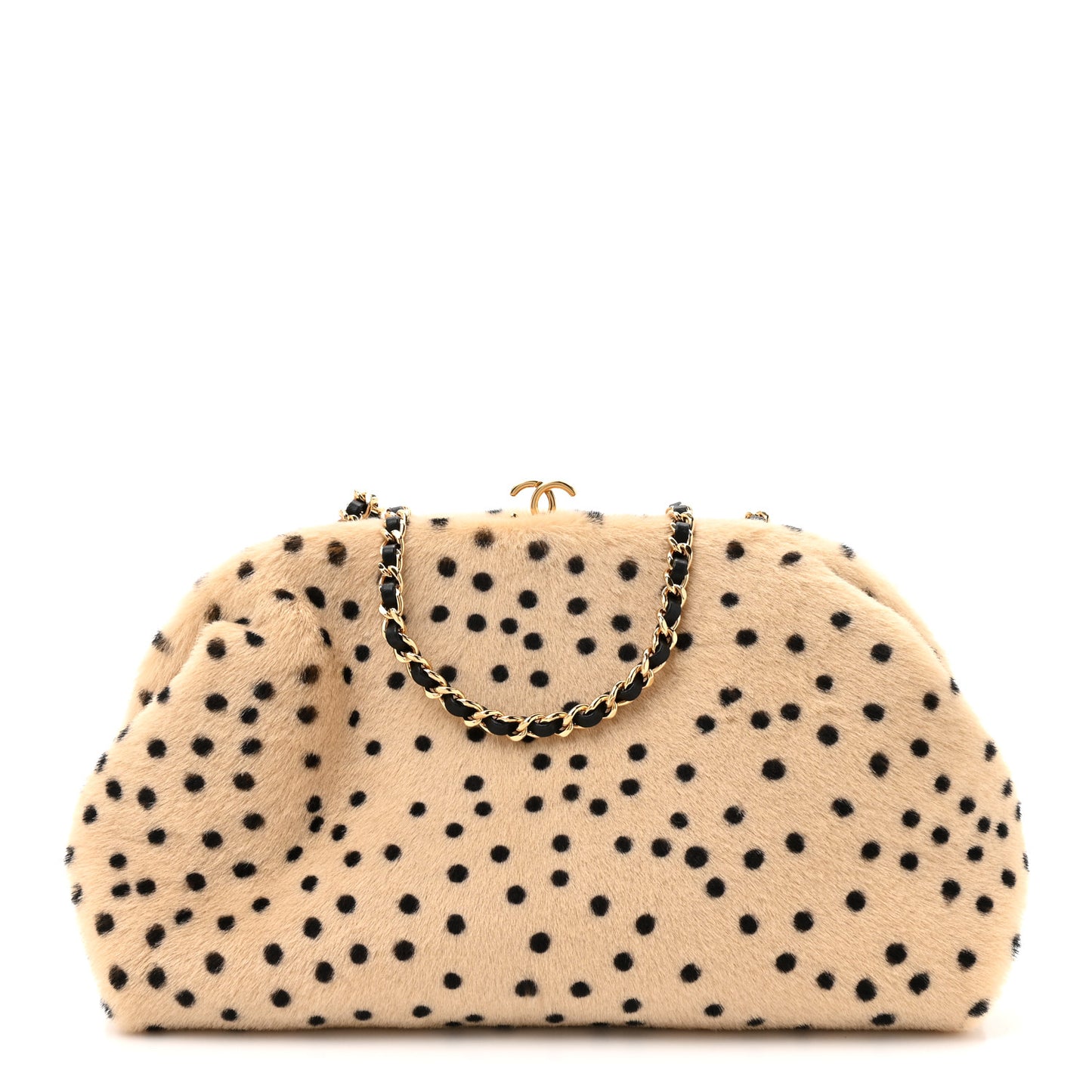 Pony Hair Cheetah Printed Lambskin Clutch With Chain Beige Black