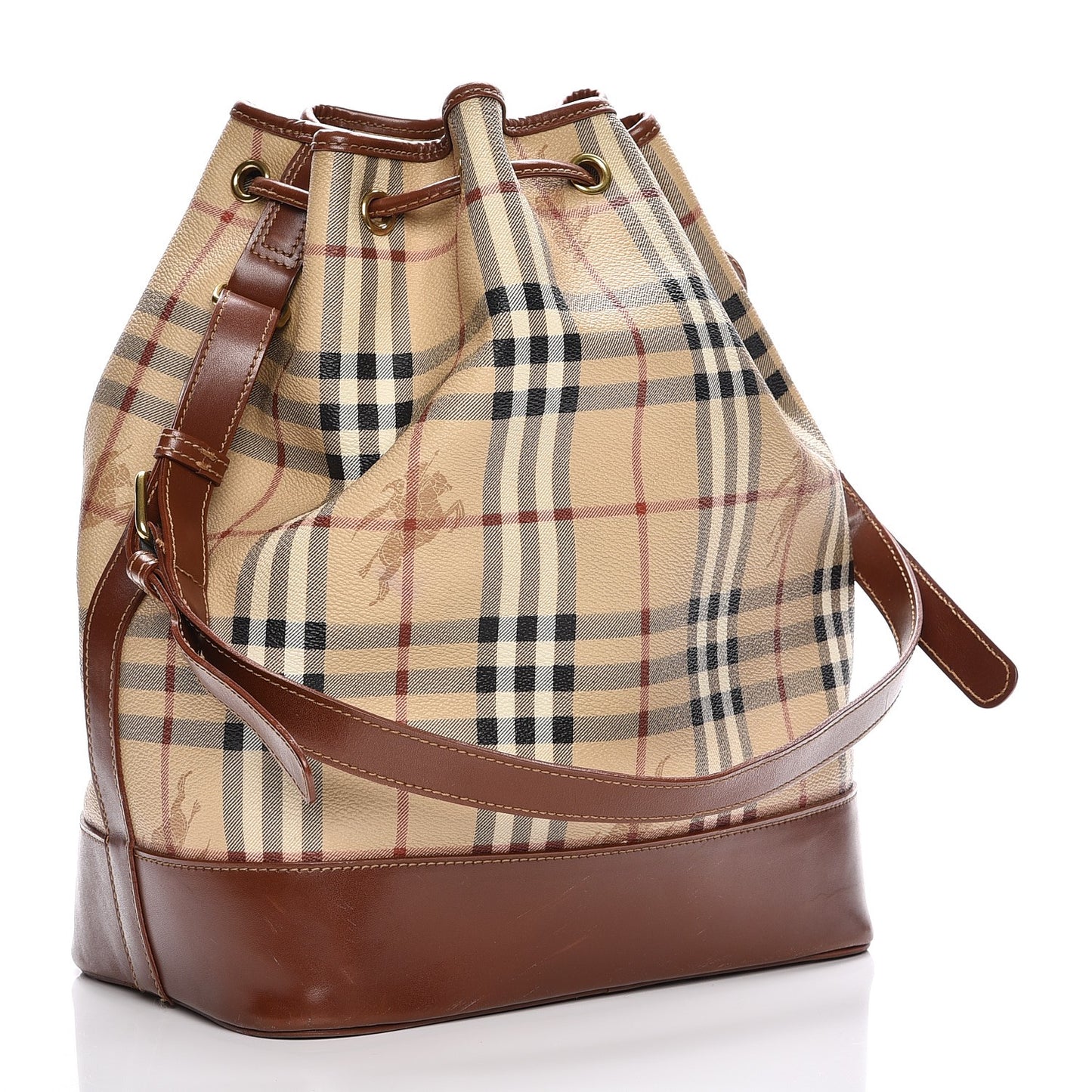 Haymarket Check Drawstring Bucket Bag Brown