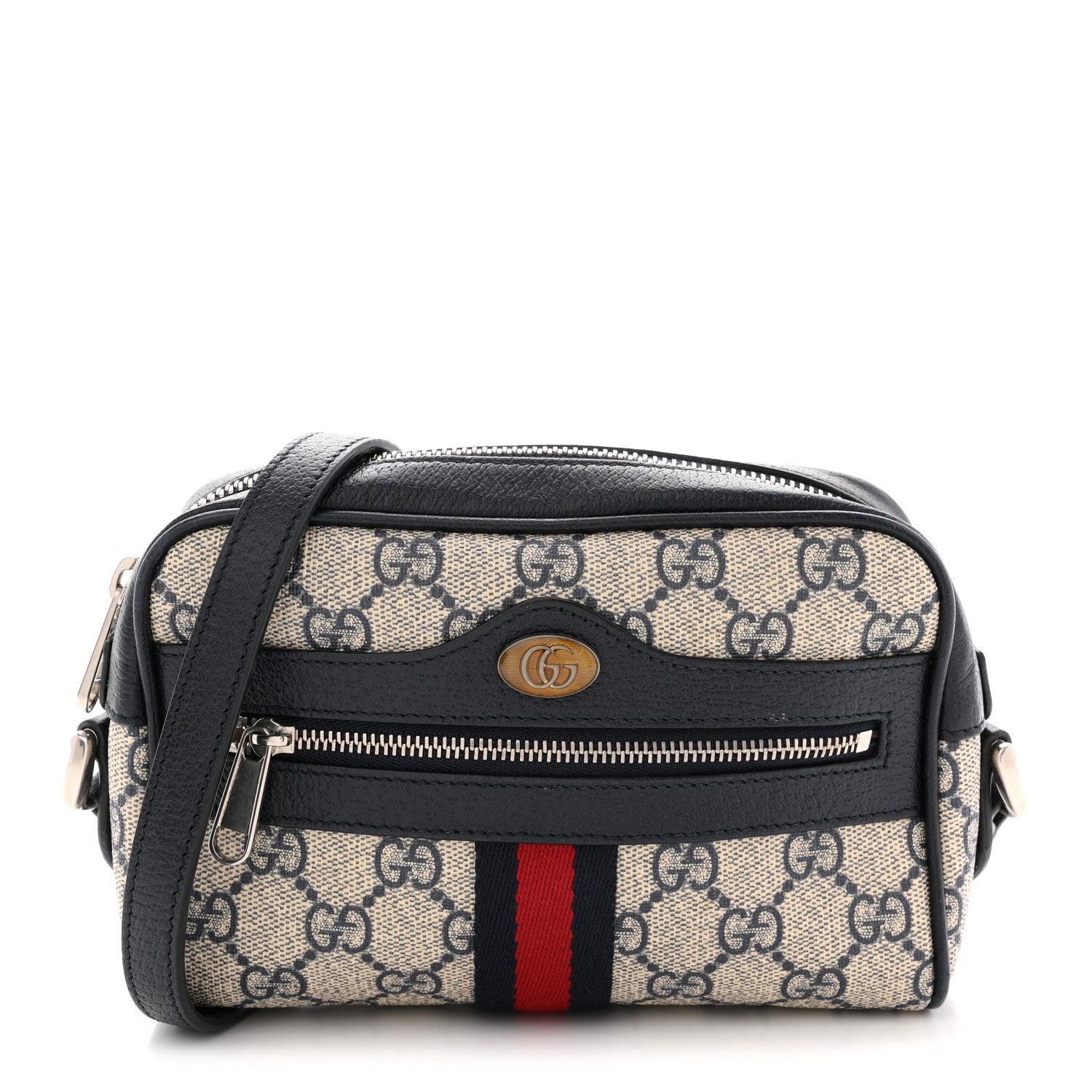 Gucci GG Supreme Monogram Textured Dollar Calfskin Web Mini Ophidia Shoulder Bag Beige Blue 1 of 12