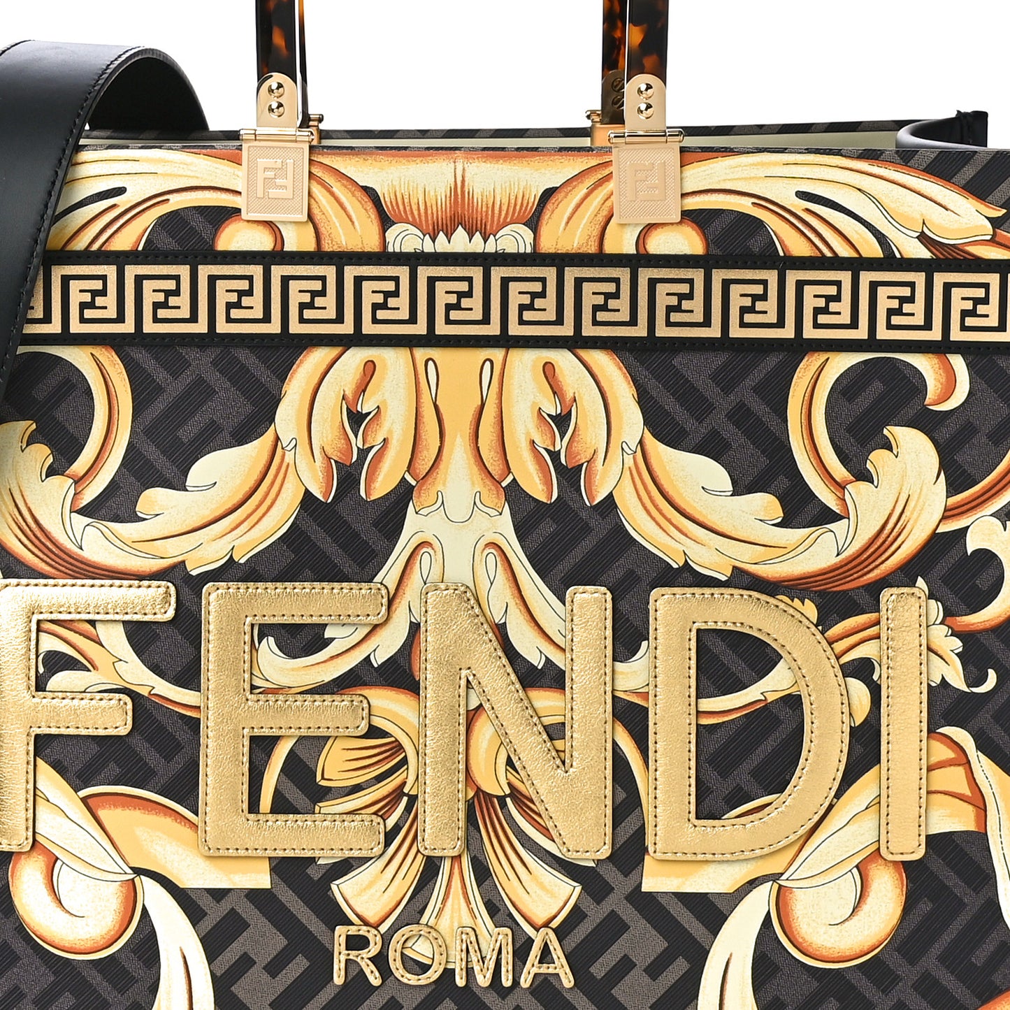 X VERSACE Calfskin Plexiglass Fendace FF Baroque Print Medium Fendi Sunshine Shopper Tote Black Gold