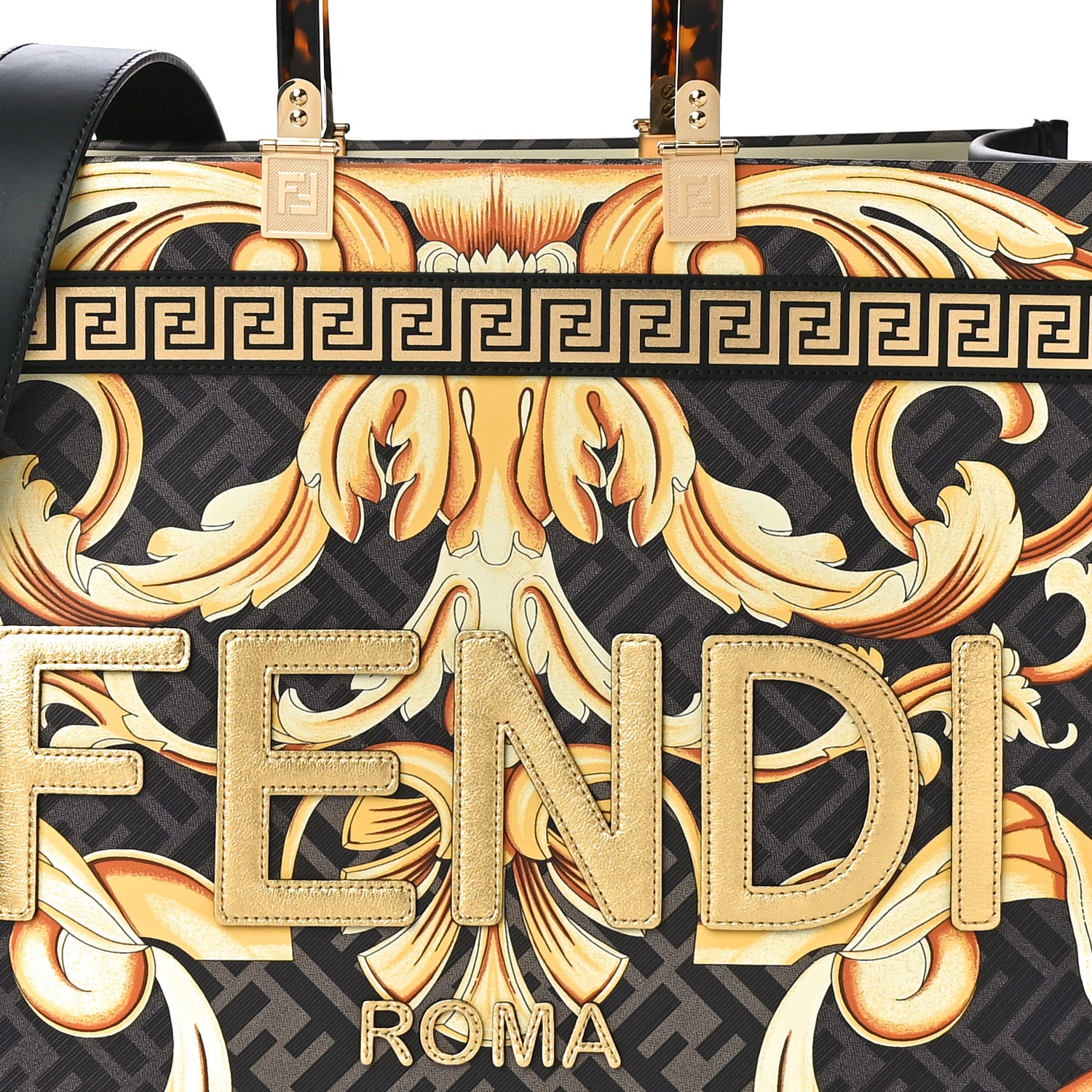 Fendi X VERSACE Calfskin Plexiglass Fendace FF Baroque Print Medium Fendi Sunshine Shopper Tote Black Gold 8 of 10