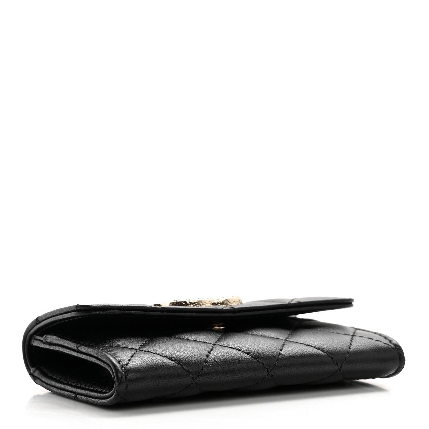Lambskin Pearl Enamel Quilted Flap Card Holder Black