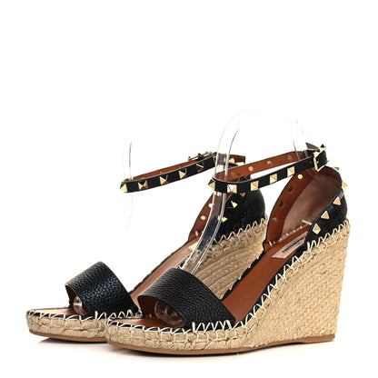 Valentino Garavani Grained Calfskin Rockstud Ankle Strap Espadrille 15/105mm Wedge Sandals 38 Black Light Cuir Natural 3 of 8