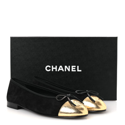 Chanel Suede Crackled Laminated Calfskin Cap Toe Ballerina Flats 36.5 Black Gold 11 of 11