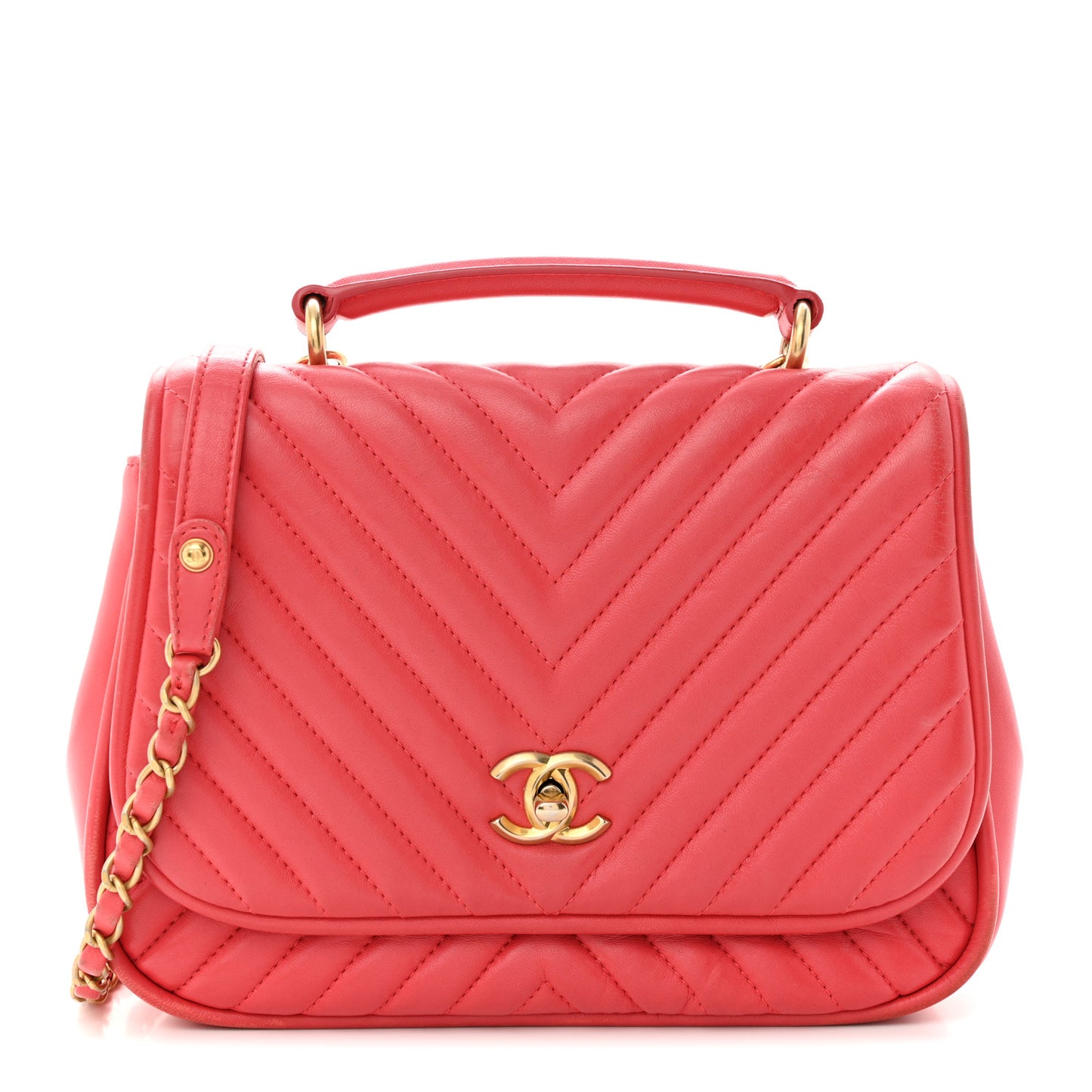 Lambskin Reverse Chevron Quilted Round Top Handle Flap Bright Pink