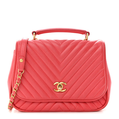 Chanel Lambskin Reverse Chevron Quilted Round Top Handle Flap Bright Pink 1 of 20