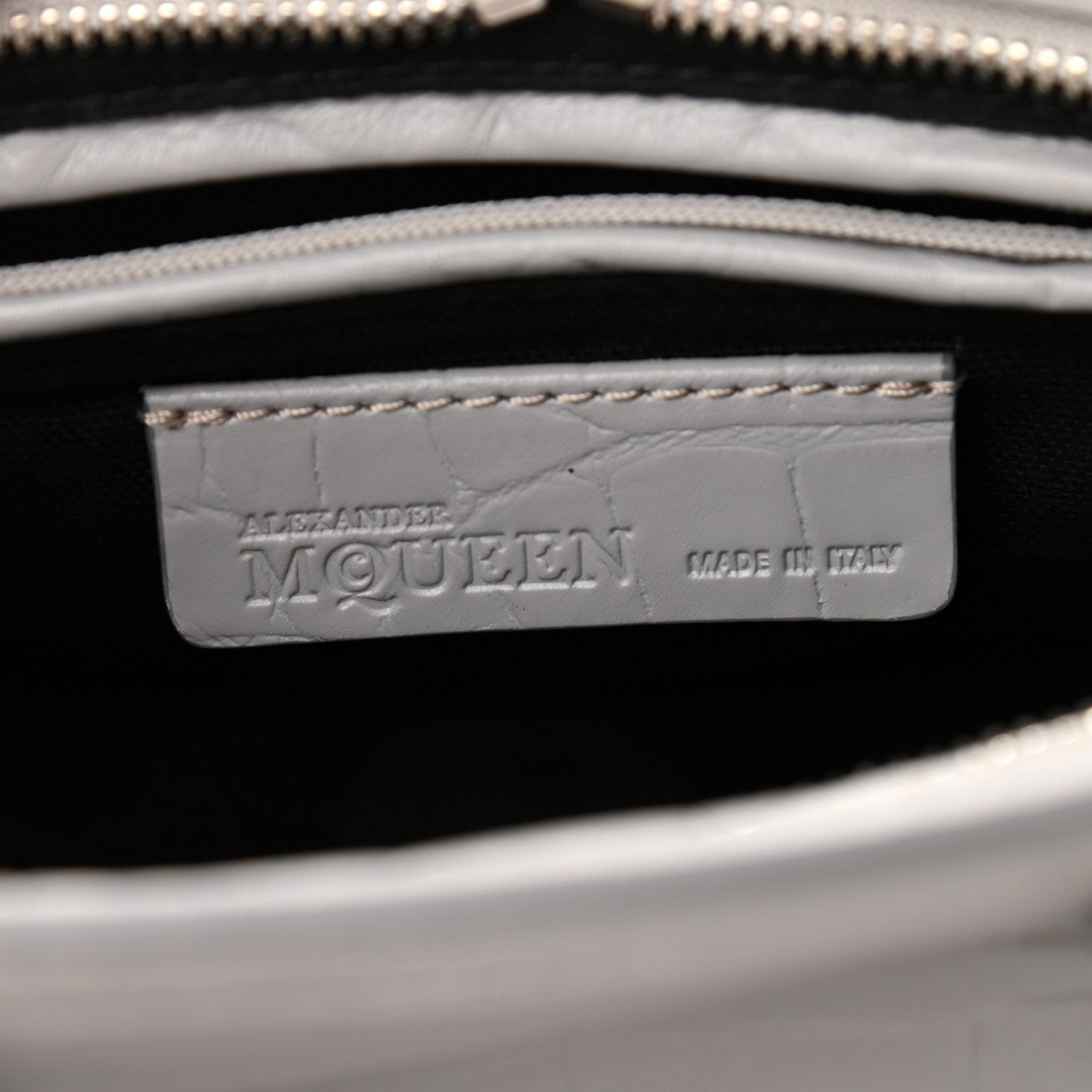 Alexander McQueen Calfskin Crocodile Embossed Mini Skull Padlock Zip Around Tote Grey 6 of 11