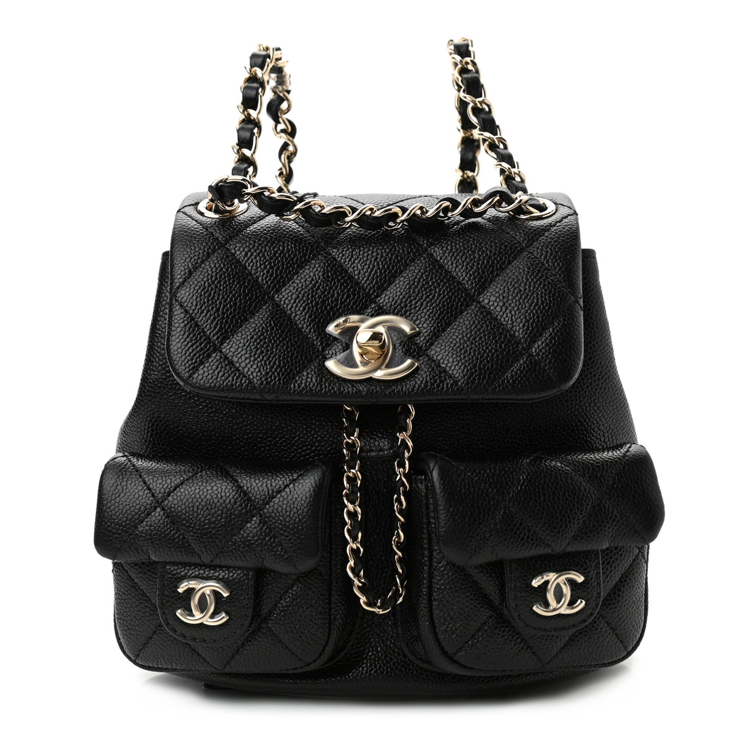 Shiny Caviar Quilted Small Duma Pockets Drawstring Backpack Black