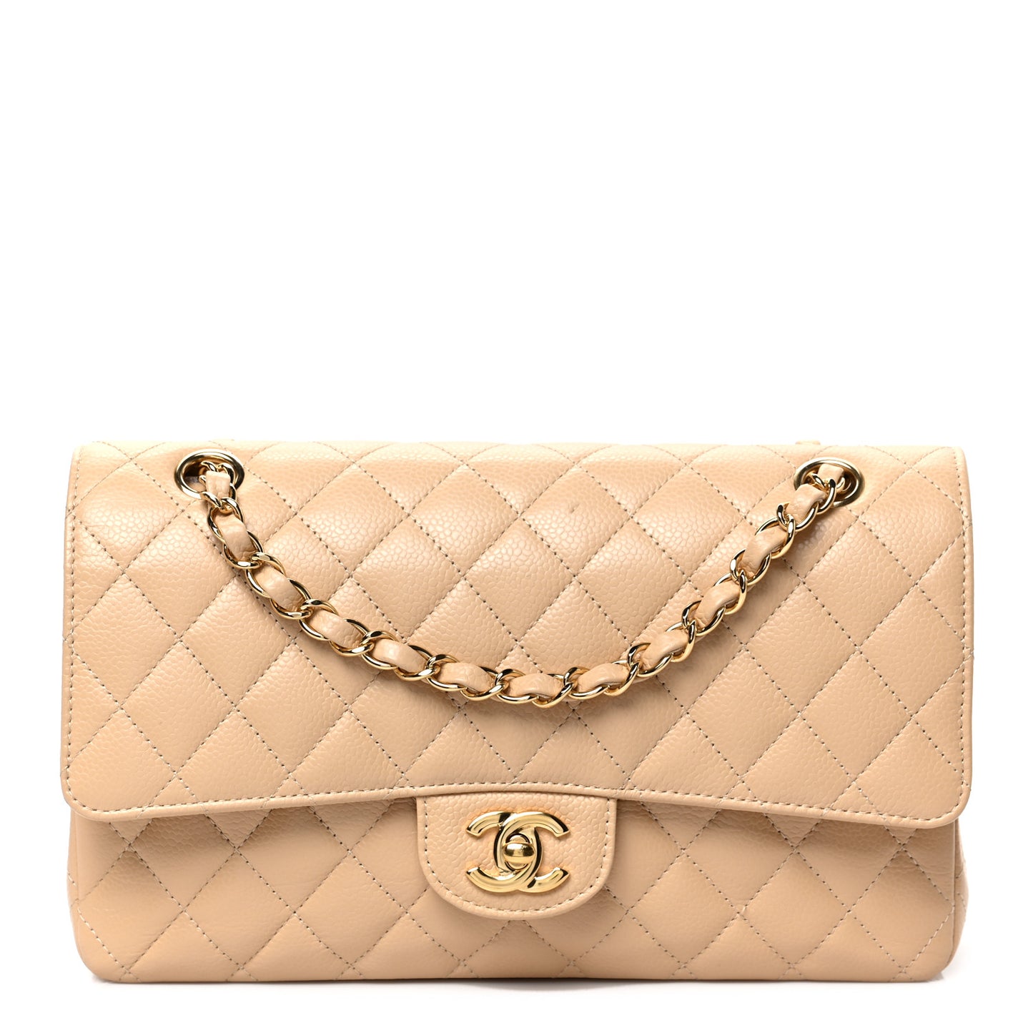 Caviar Quilted Medium Double Flap Beige