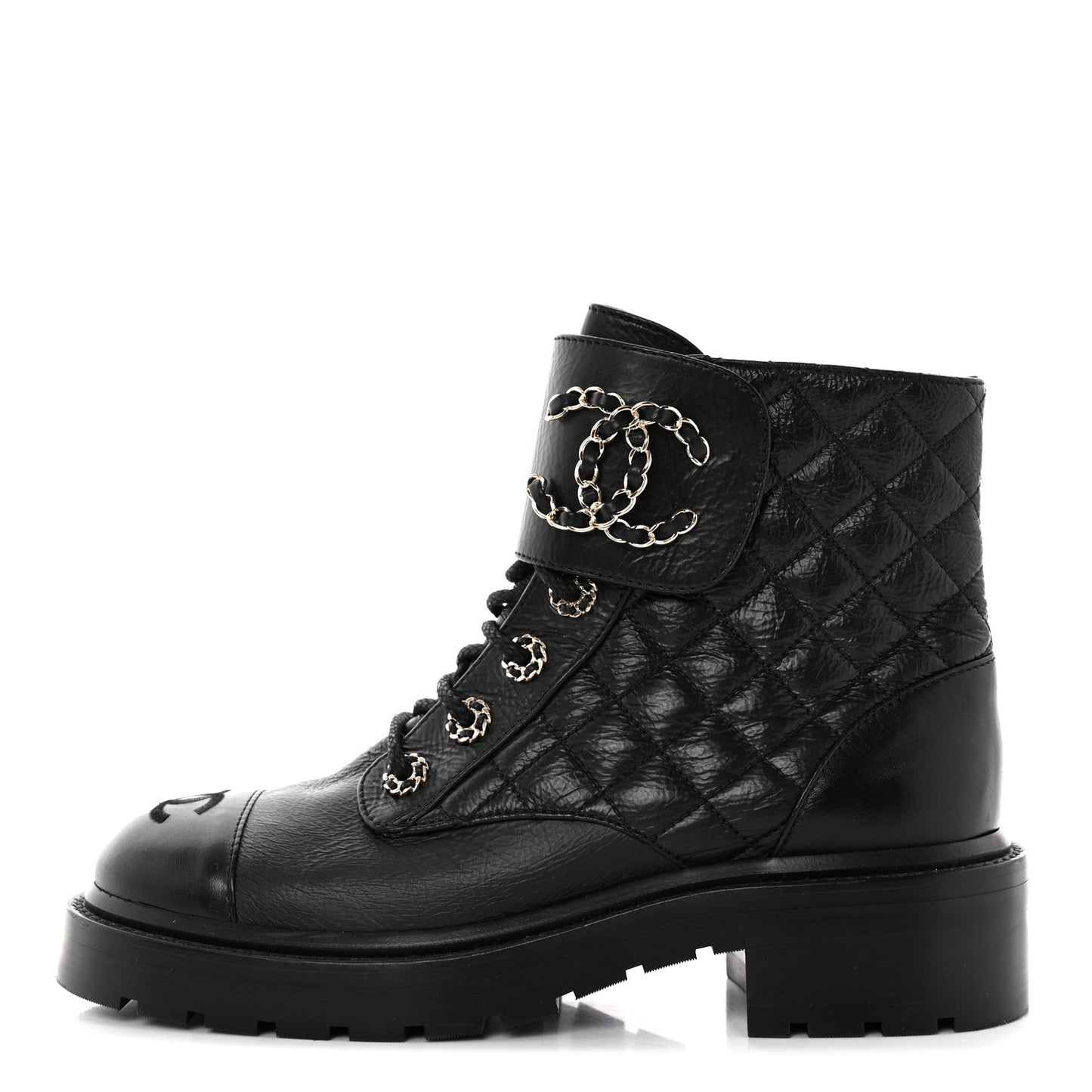 Shiny Goatskin Calfskin Quilted Lace Up Combat Boots 37 Black