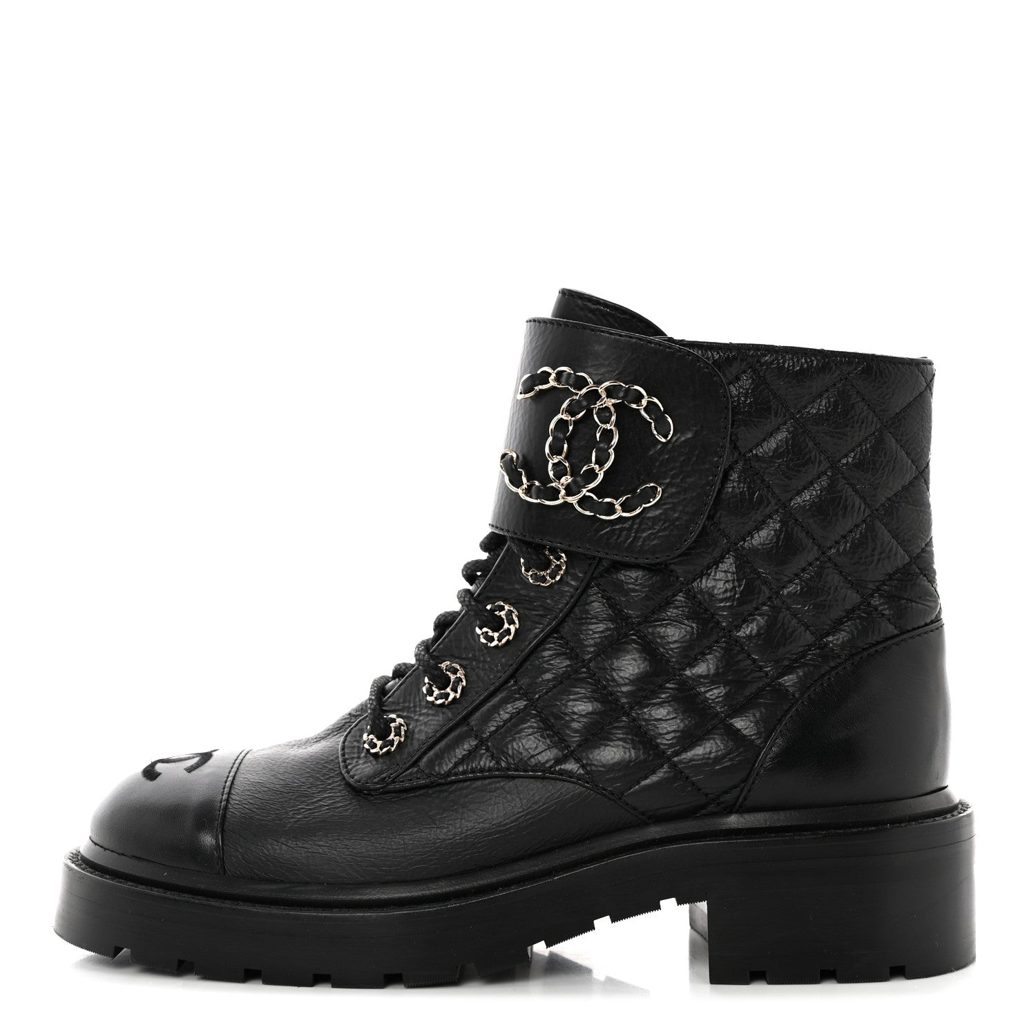 Chanel Shiny Goatskin Calfskin Quilted Lace Up Combat Boots 37 Black 1 of 11