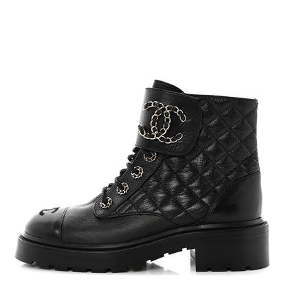 Chanel Shiny Goatskin Calfskin Quilted Lace Up Combat Boots 37 Black 1 of 11