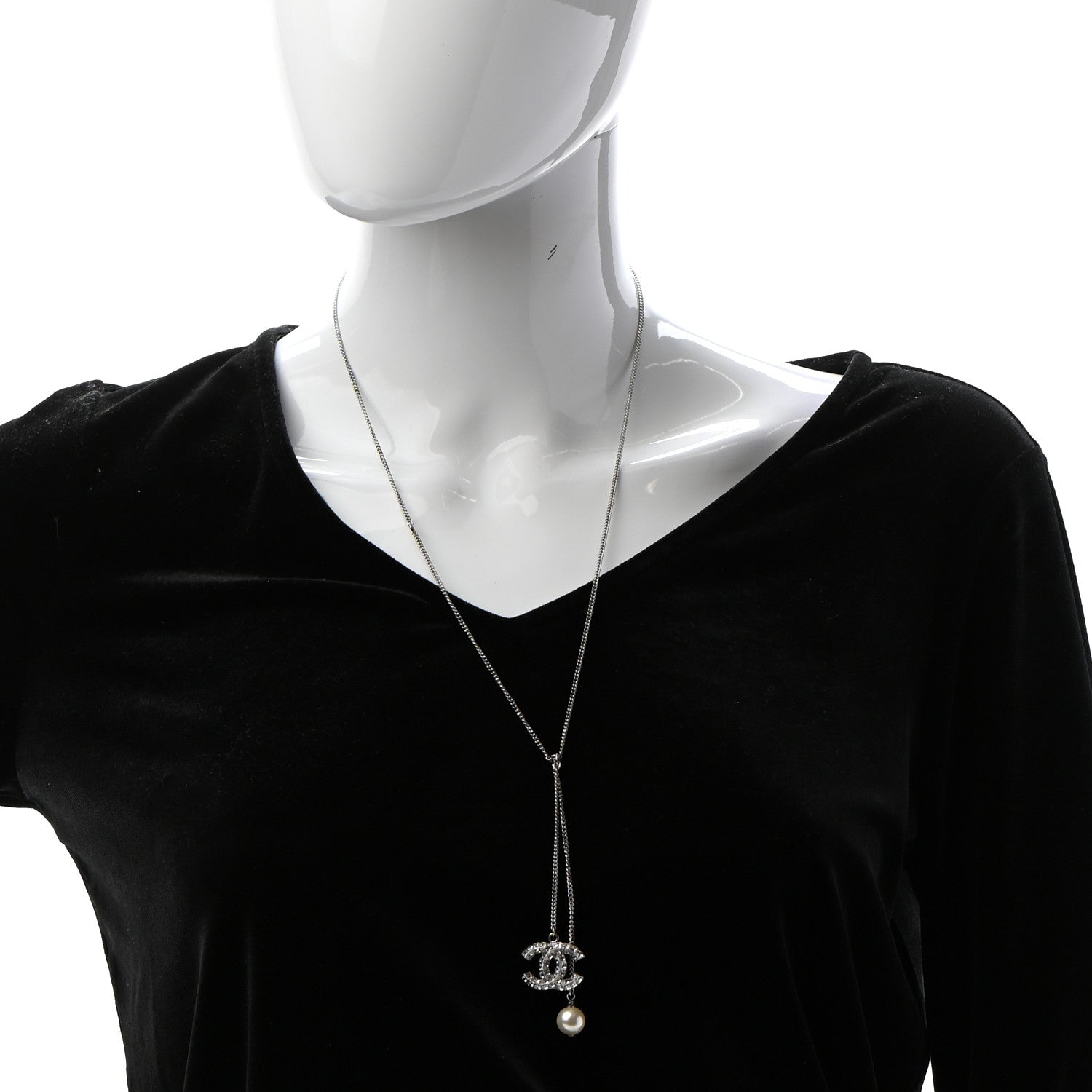 Chanel Baguette Crystal Pearl CC Lariat Necklace Silver 2 of 5