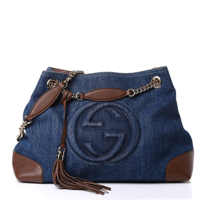 Gucci Denim Pebbled Calfskin Medium Soho Chain Shoulder Bag Blue Brown 1 of 11