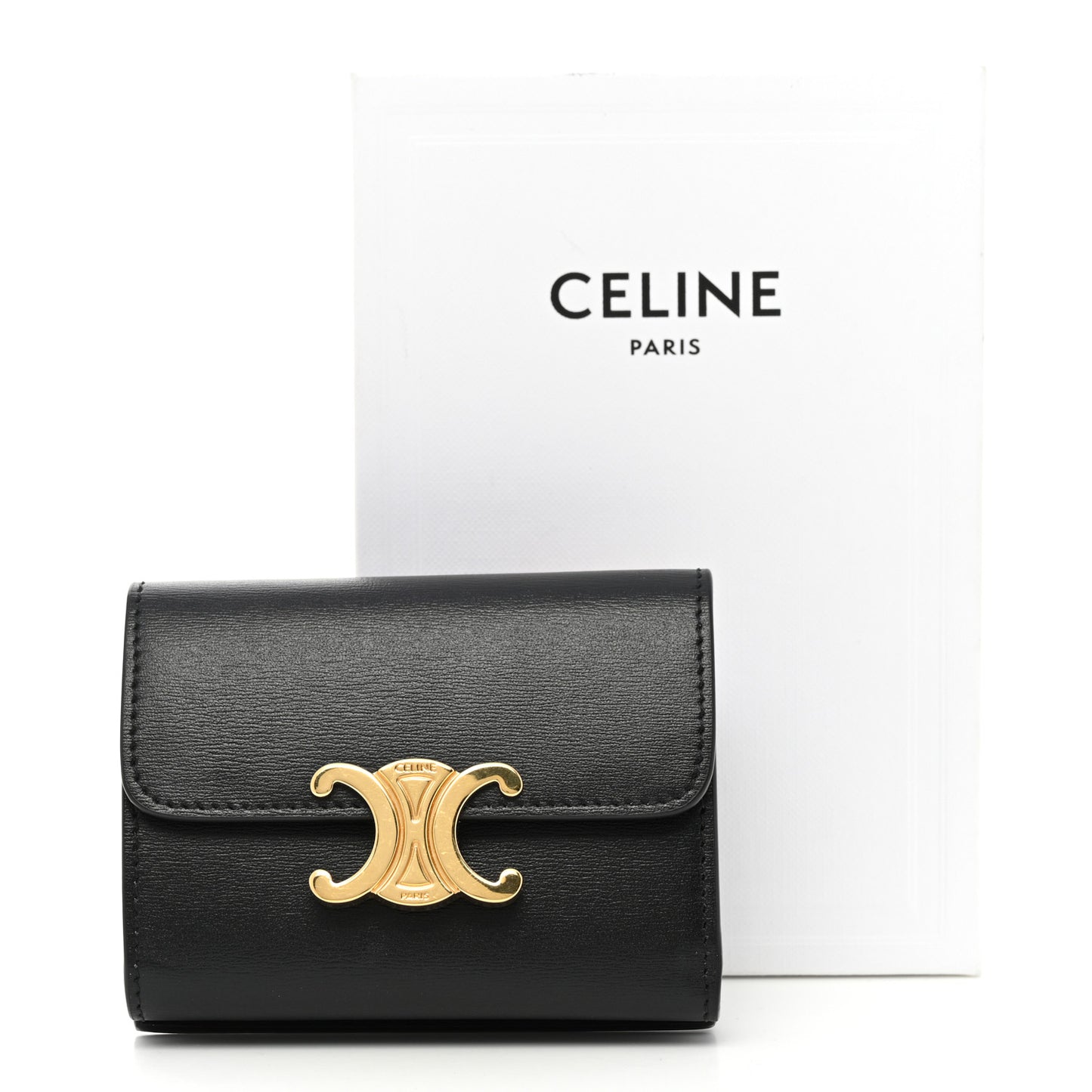 Calfskin Compact Triomphe Wallet With Coin Purse Black
