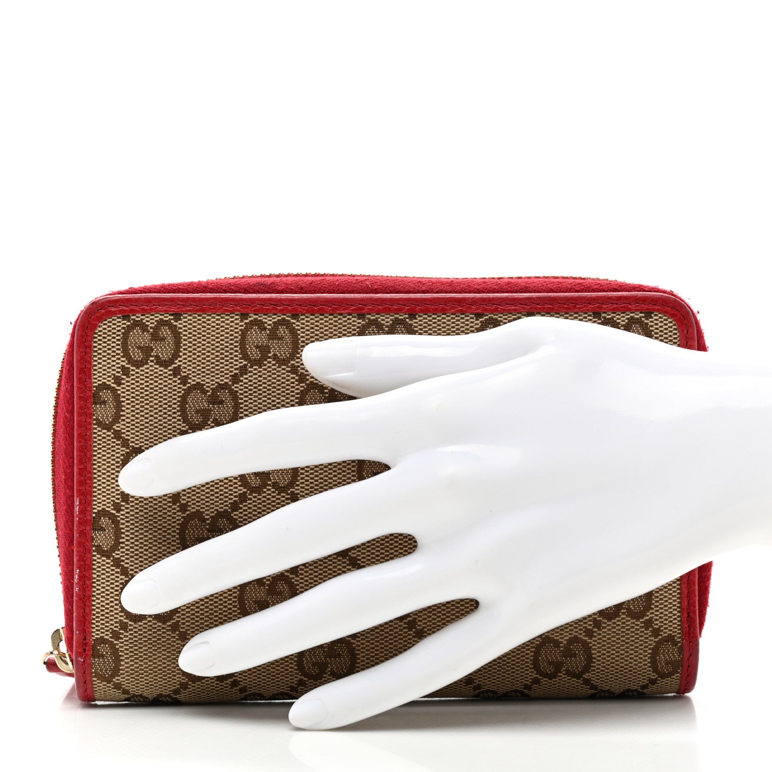 Gucci Monogram Dollar Calfskin Zip Around Compact Wallet Beige Ebony Rosso 2 of 14