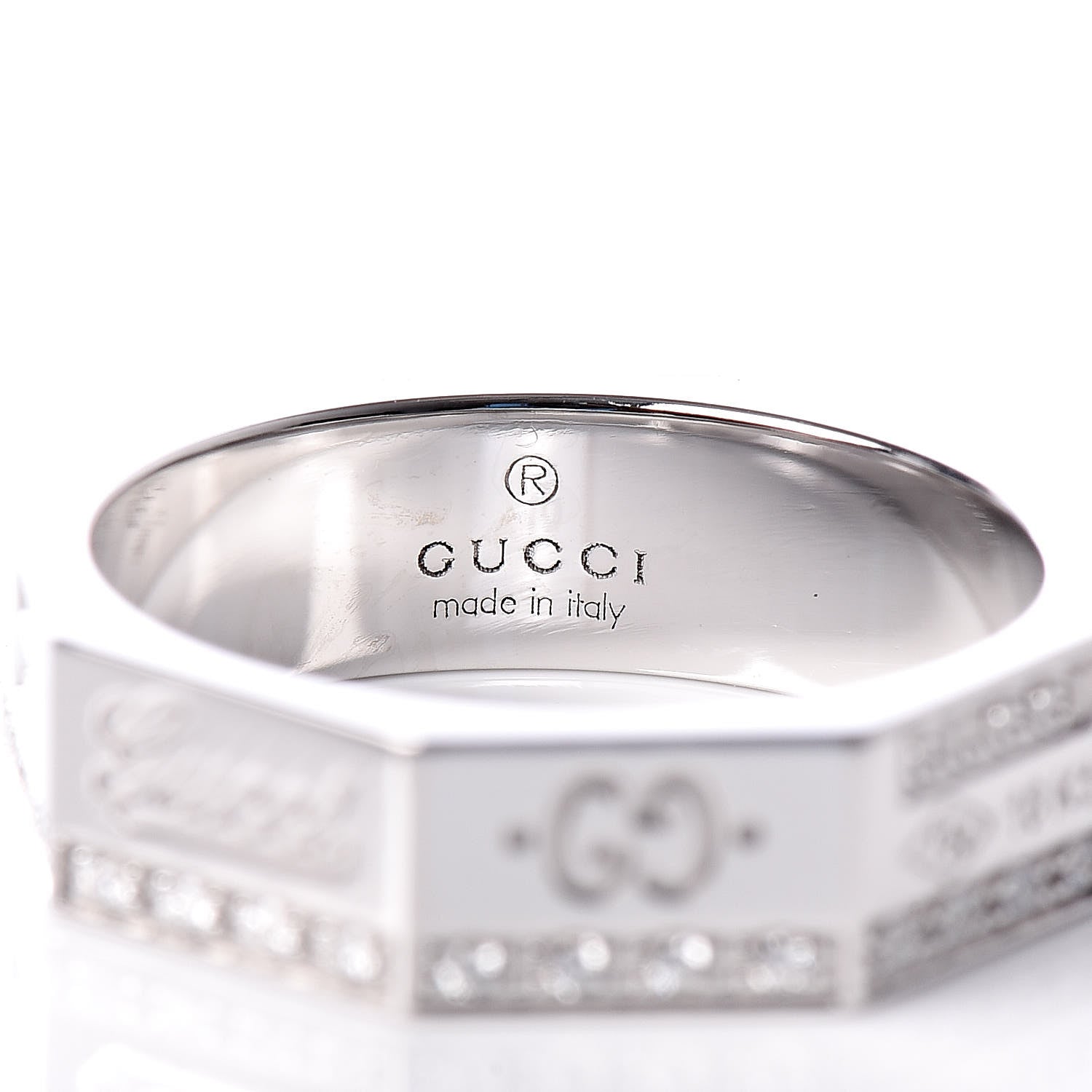 Gucci 18K White Gold Diamond Octagon Logo Band Ring 49 5 4 of 6