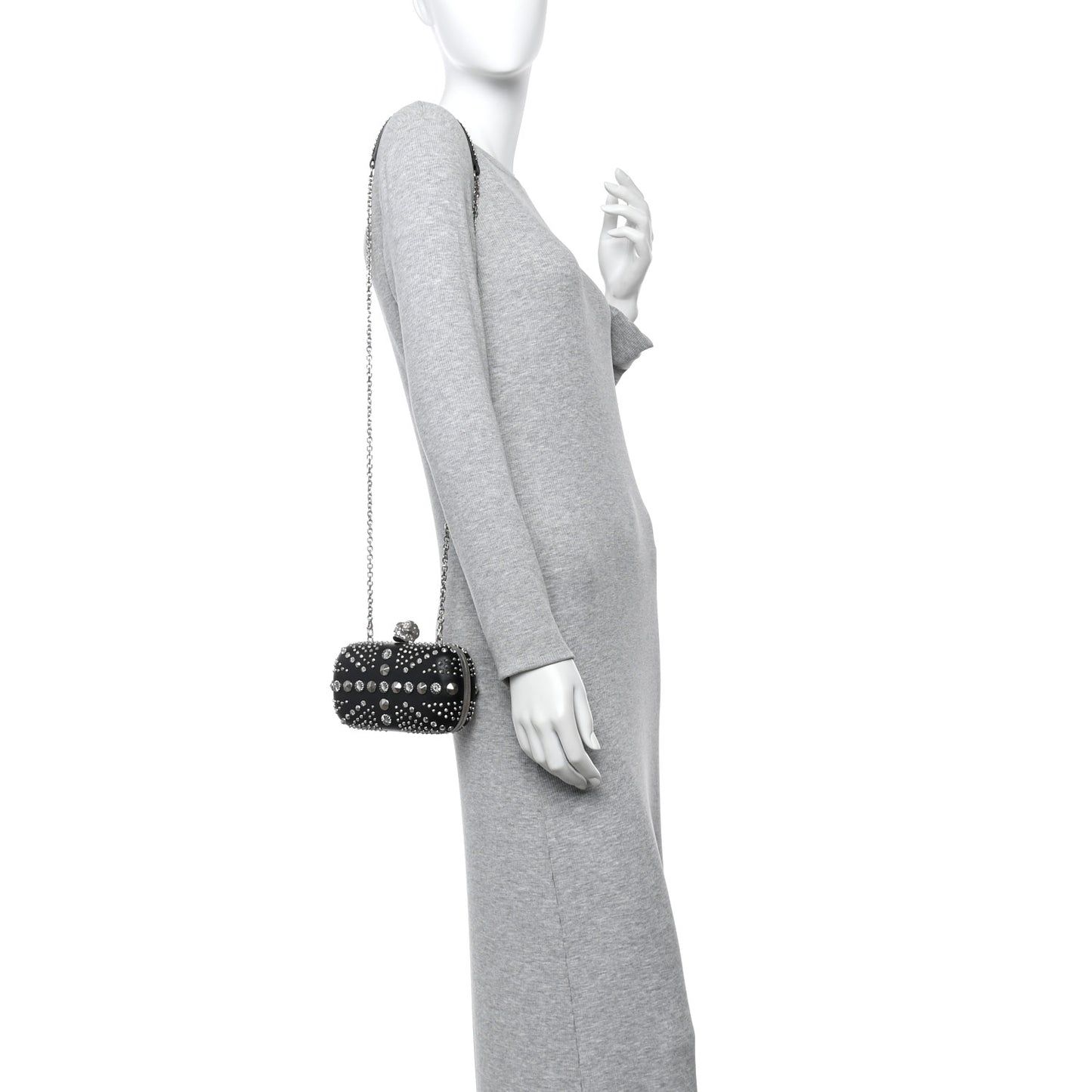 Calfskin Studded Britannia Skull Chain Clutch Black