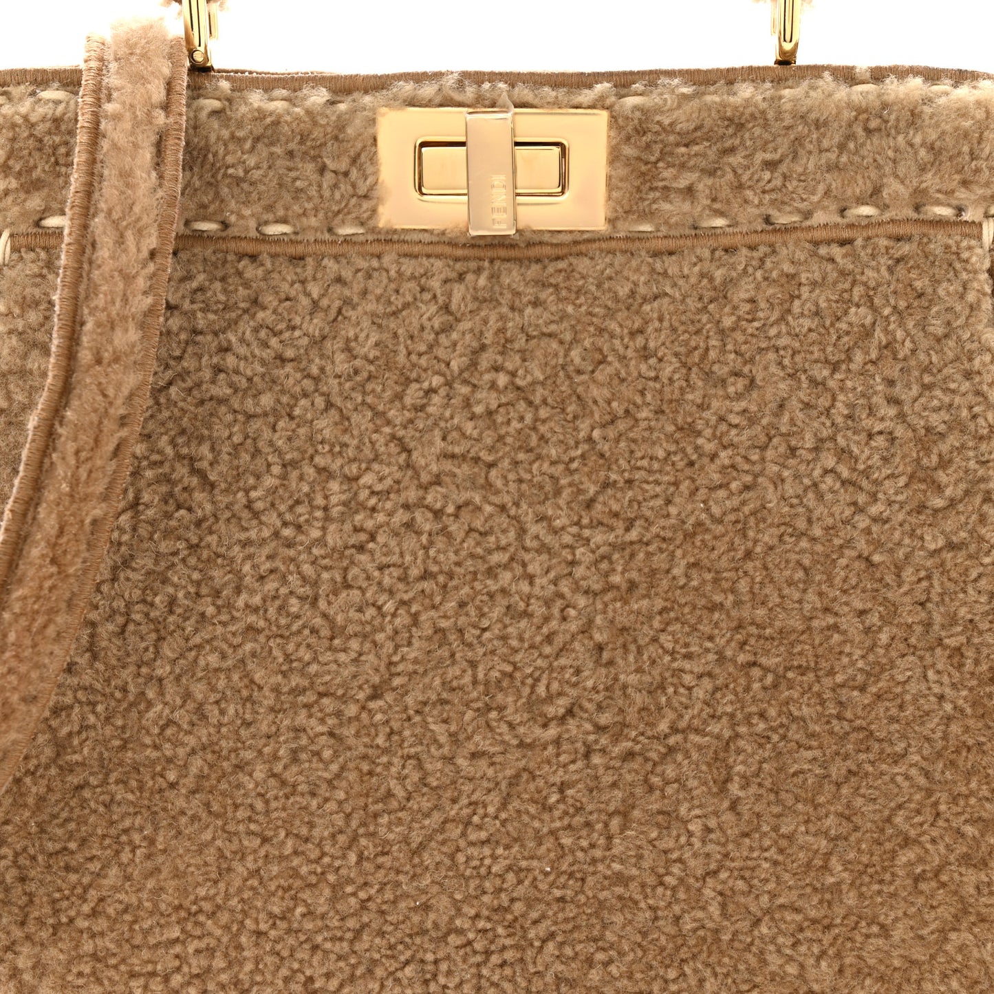 Curly Shearling Shiny Nappa Small Peekaboo I SEE U Satchel Camel