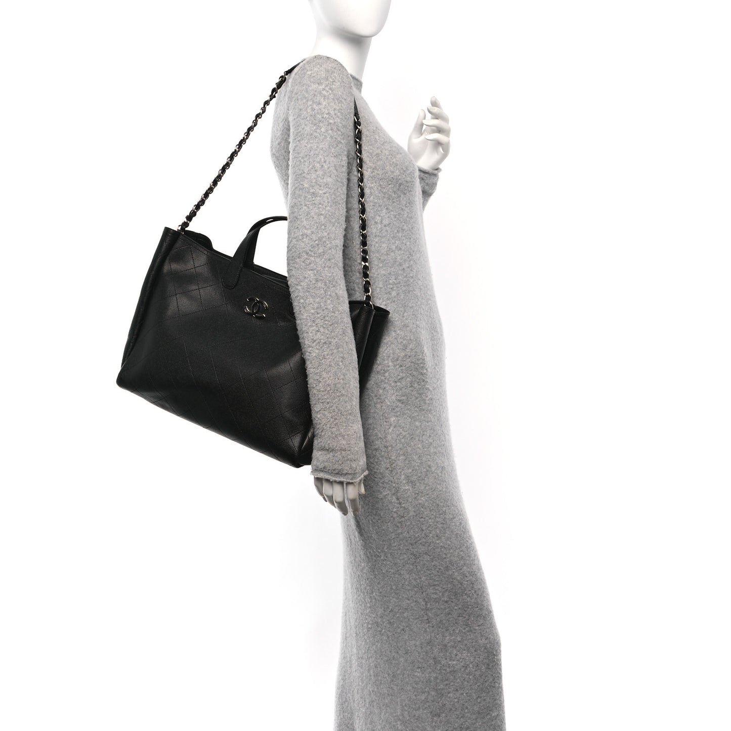 Caviar Stitched Large Lady Coco Shopping Tote Black