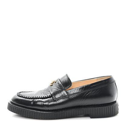 Chanel Shiny Crumpled Calfskin CC Mocassin Loafers 38.5 Black 1 of 11