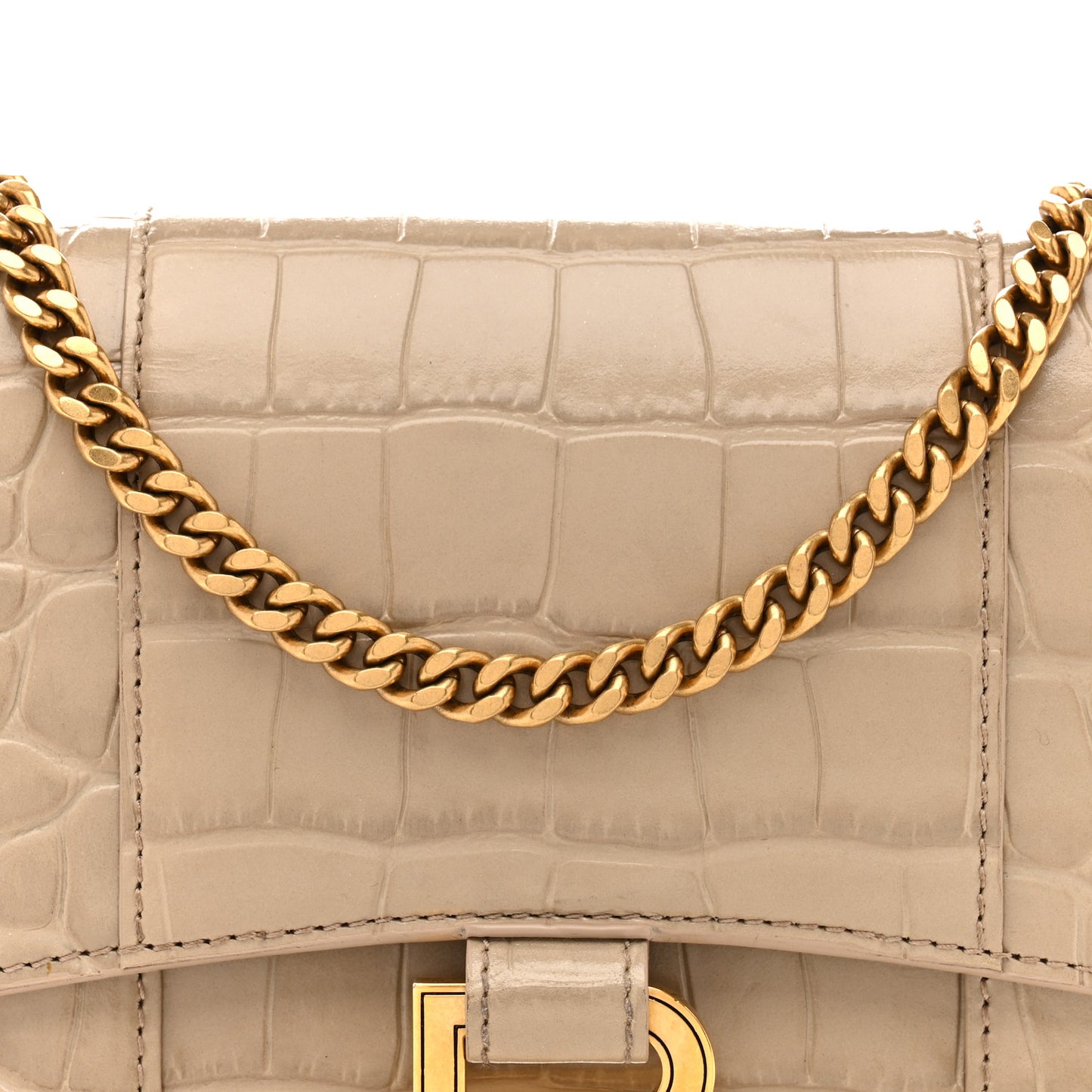 Shiny Calfskin Crocodile Embossed Hourglass Chain Bag Dark Beige