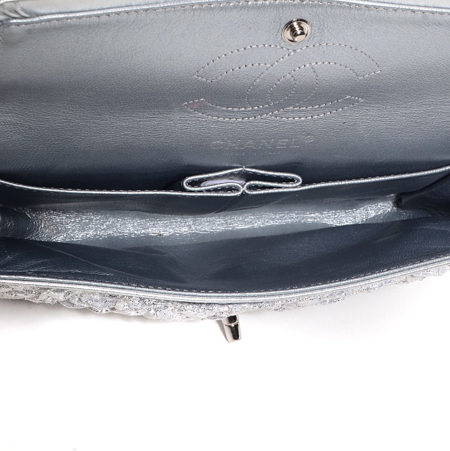 Lame Quilted Small Double Flap Metallic Silver