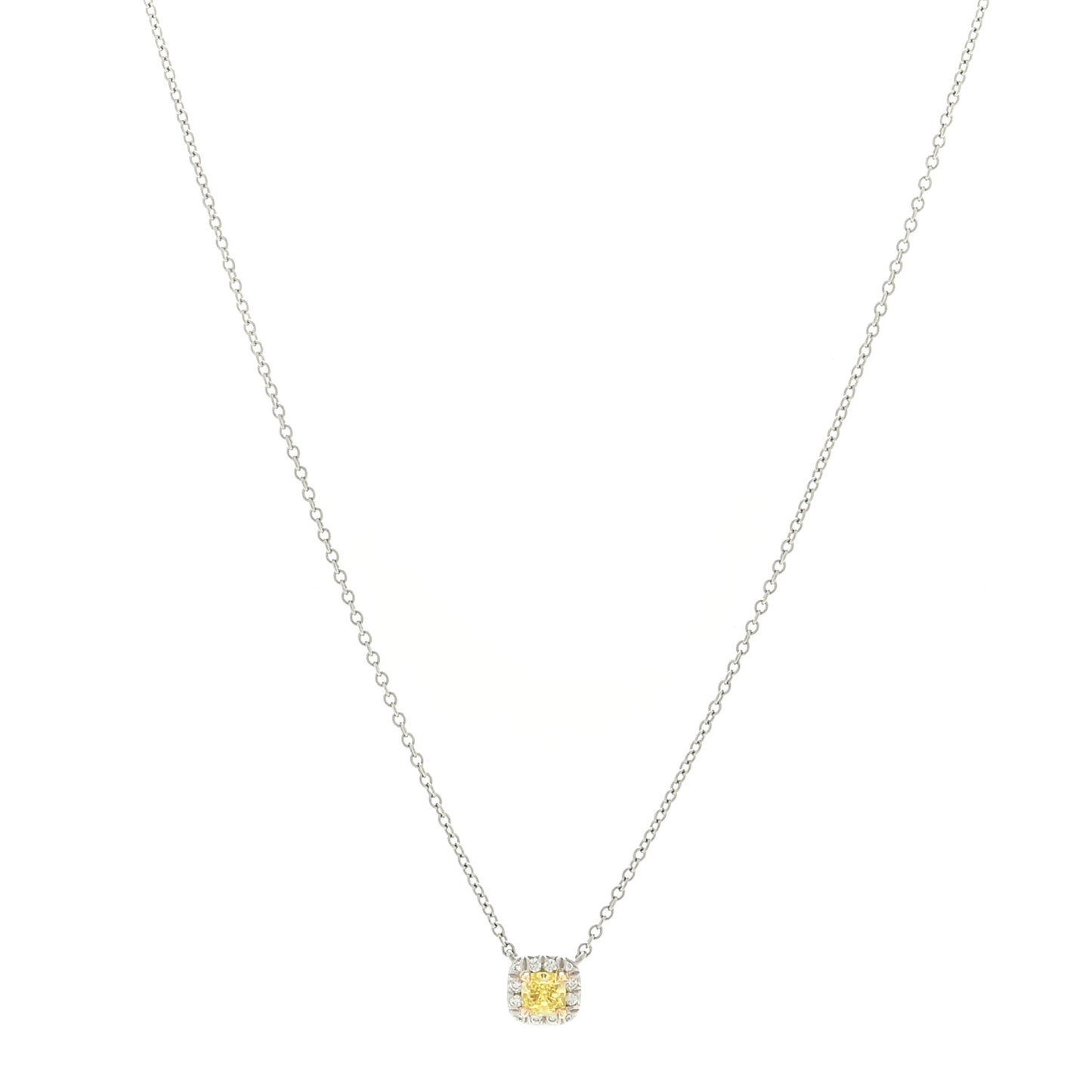 Platinum 18K Yellow Gold Diamond Fancy Yellow Diamond .20ct Soleste Cushion Cut Halo Pendant Necklace