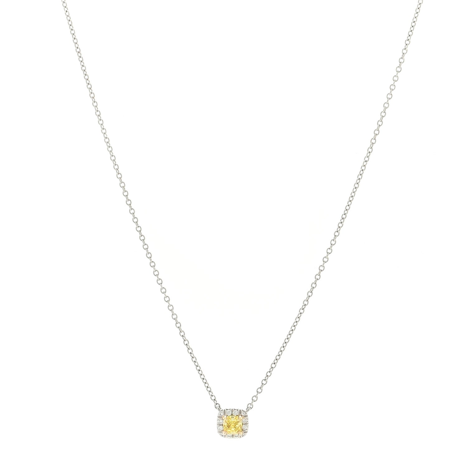 Tiffany Platinum 18K Yellow Gold Diamond Fancy Yellow Diamond .20ct Soleste Cushion Cut Halo Pendant Necklace 1 of 4