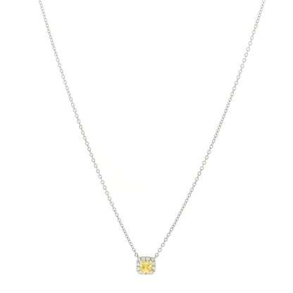 Tiffany Platinum 18K Yellow Gold Diamond Fancy Yellow Diamond .20ct Soleste Cushion Cut Halo Pendant Necklace 1 of 4